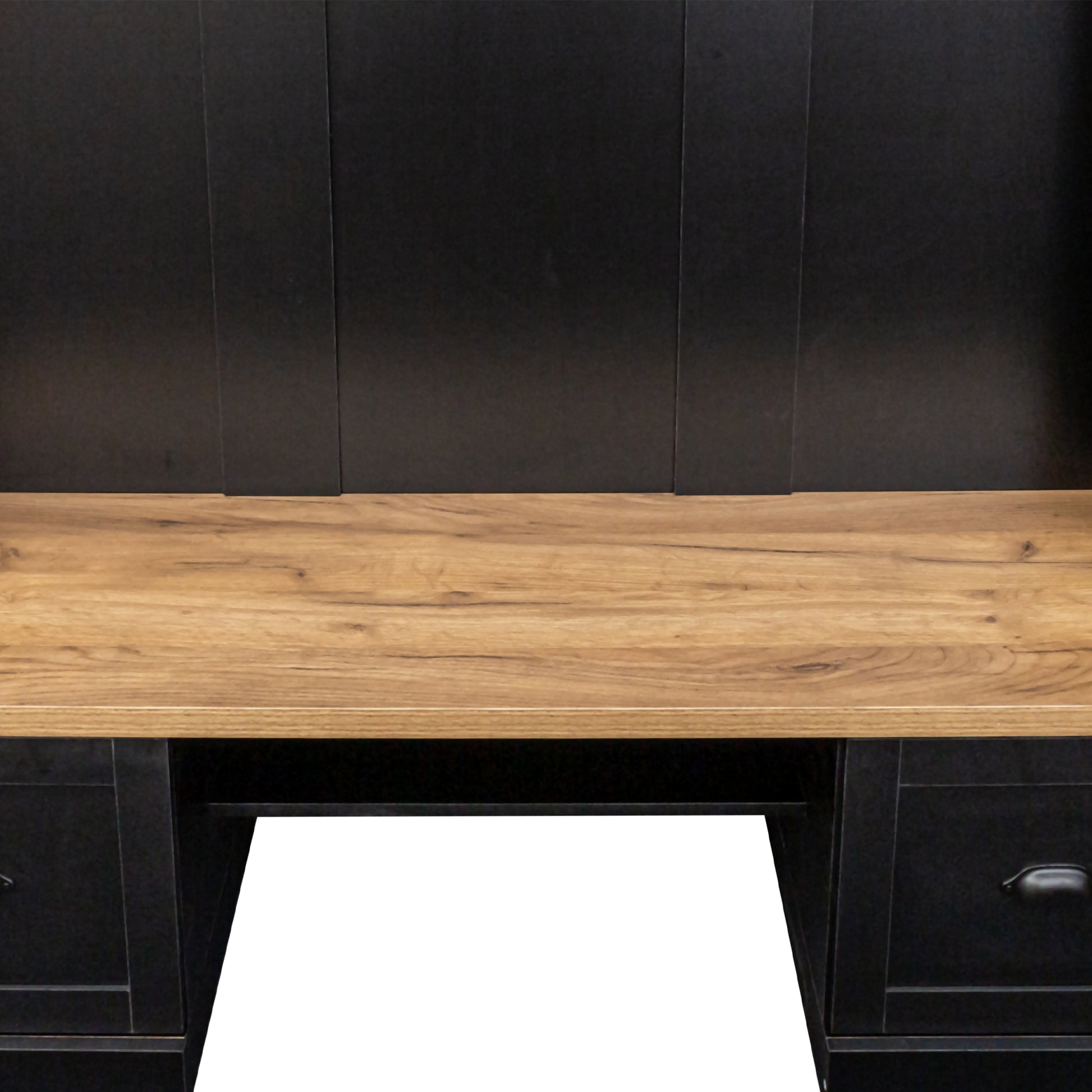 Rustic oak top desk with black metal frame and drawers ideal for home office