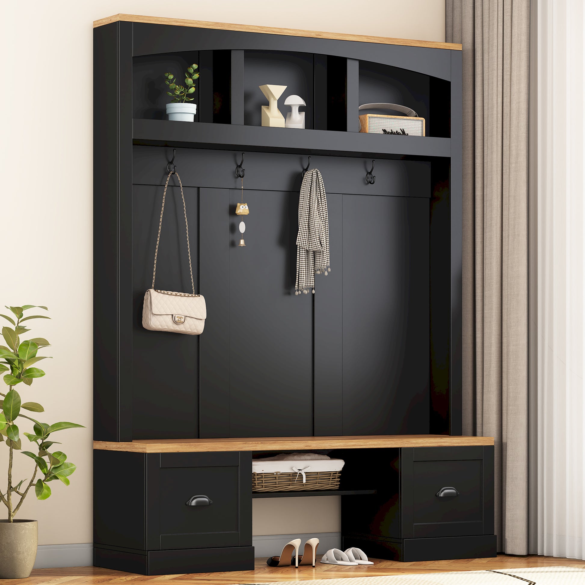 Black entryway hall tree with wood accents featuring coat hooks and storage
