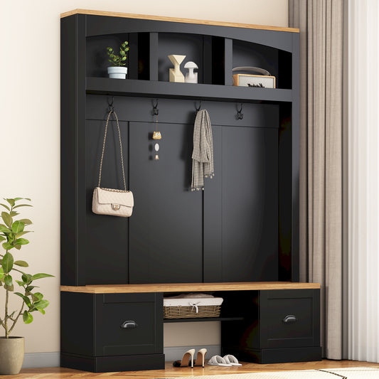 Black entryway hall tree with wood accents featuring coat hooks and storage