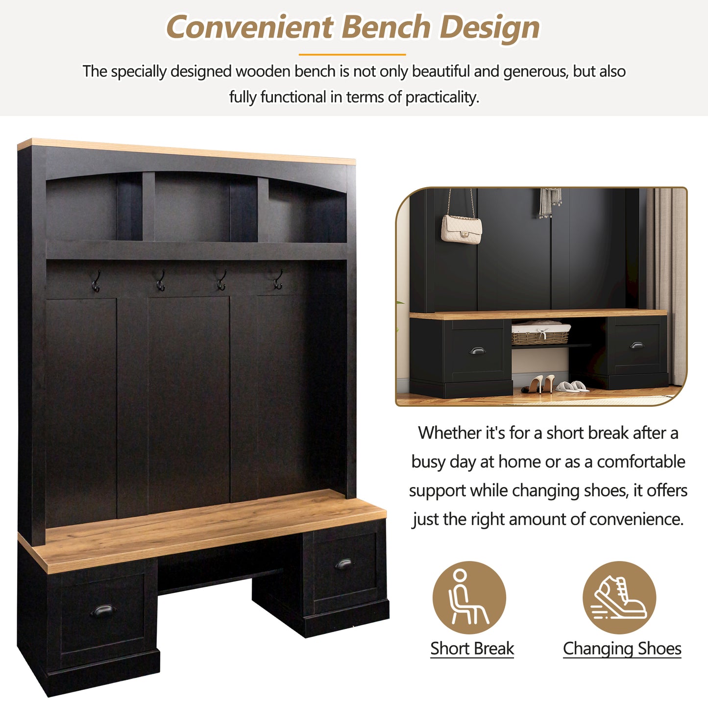Black and wood hall tree bench with hooks and drawers for entry storage