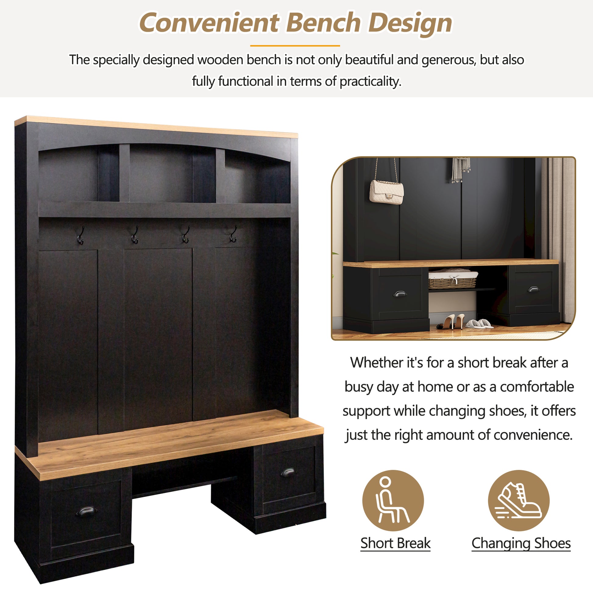 Black and wood hall tree bench with hooks and drawers for entry storage