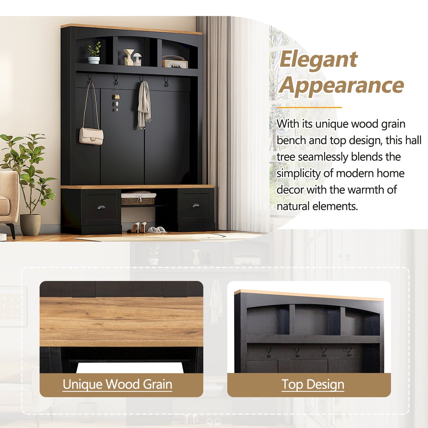 Black hall tree with oak wood top and bench featuring coat hooks and storage cabinets