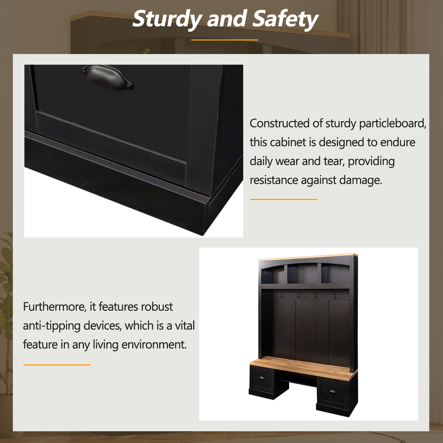 Black particleboard cabinet with dark metal drawer pull built for durability