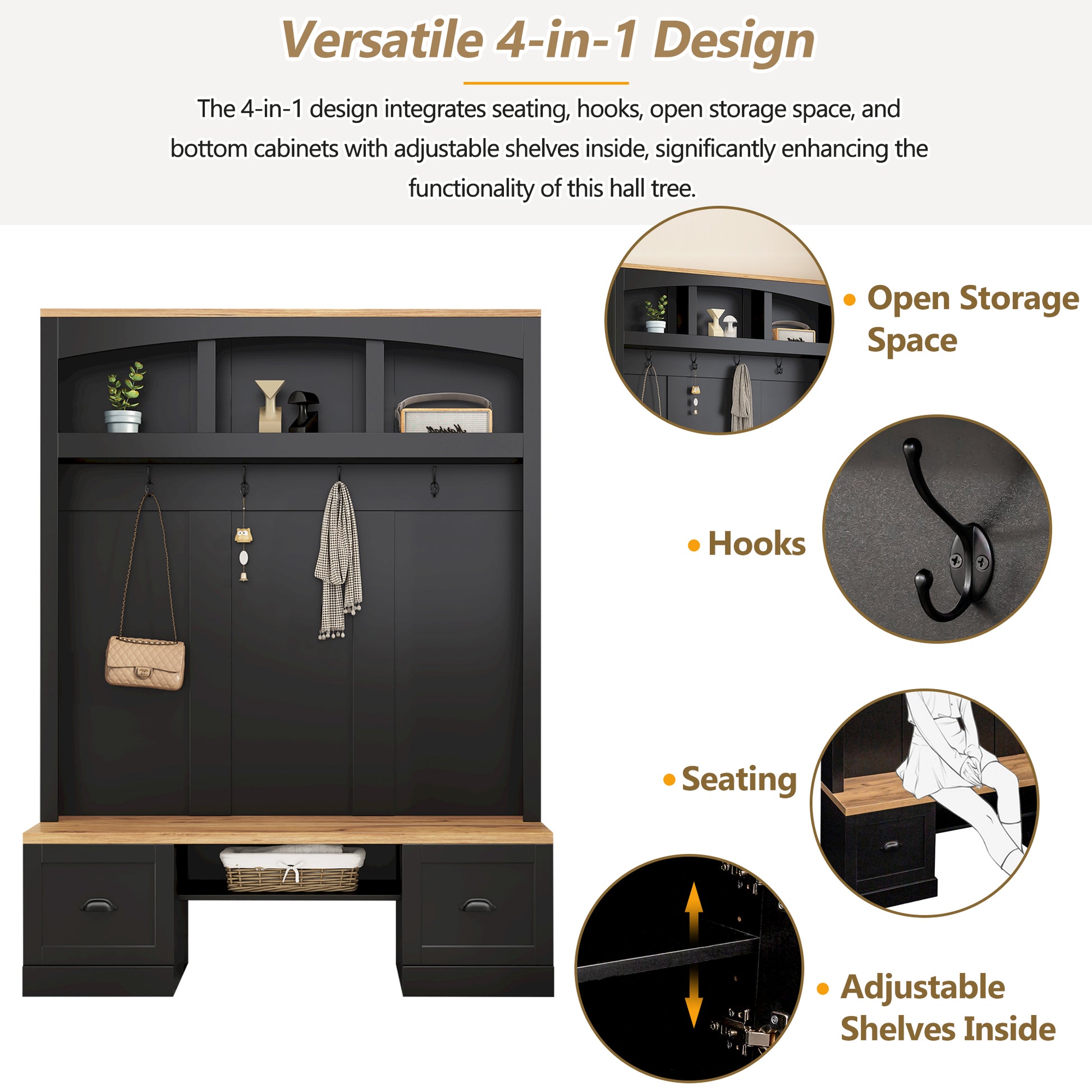 Black hall tree with open shelving coat hooks and bottom cabinets for entryway organization