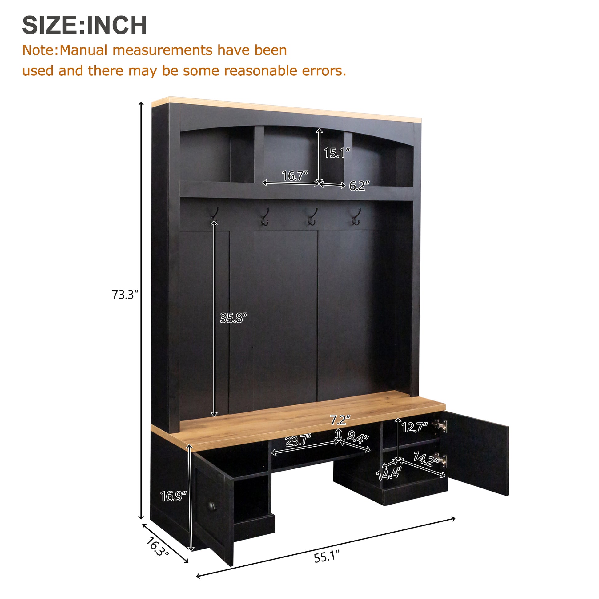 Black hall tree with bench and multiple storage compartments for entryways