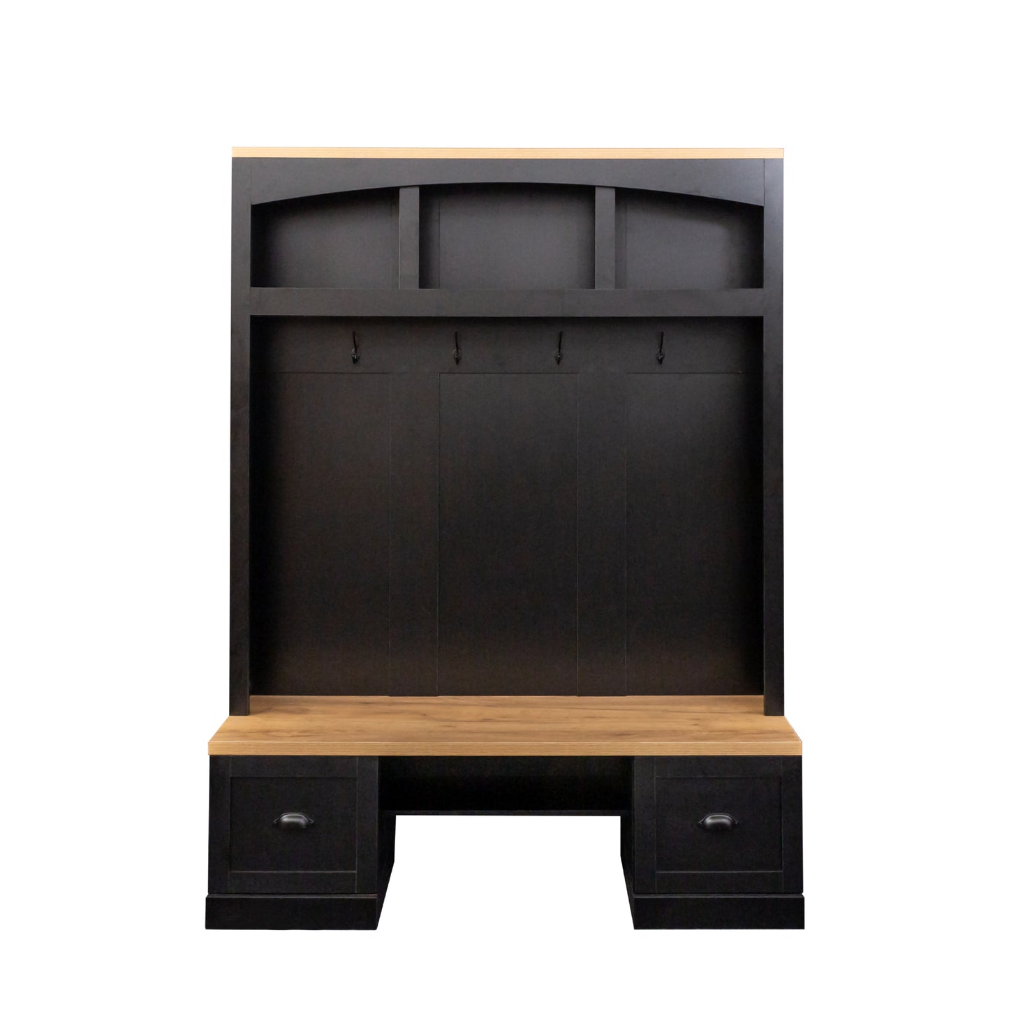 Black wood hall tree with bench and storage drawers ideal for entryway organization