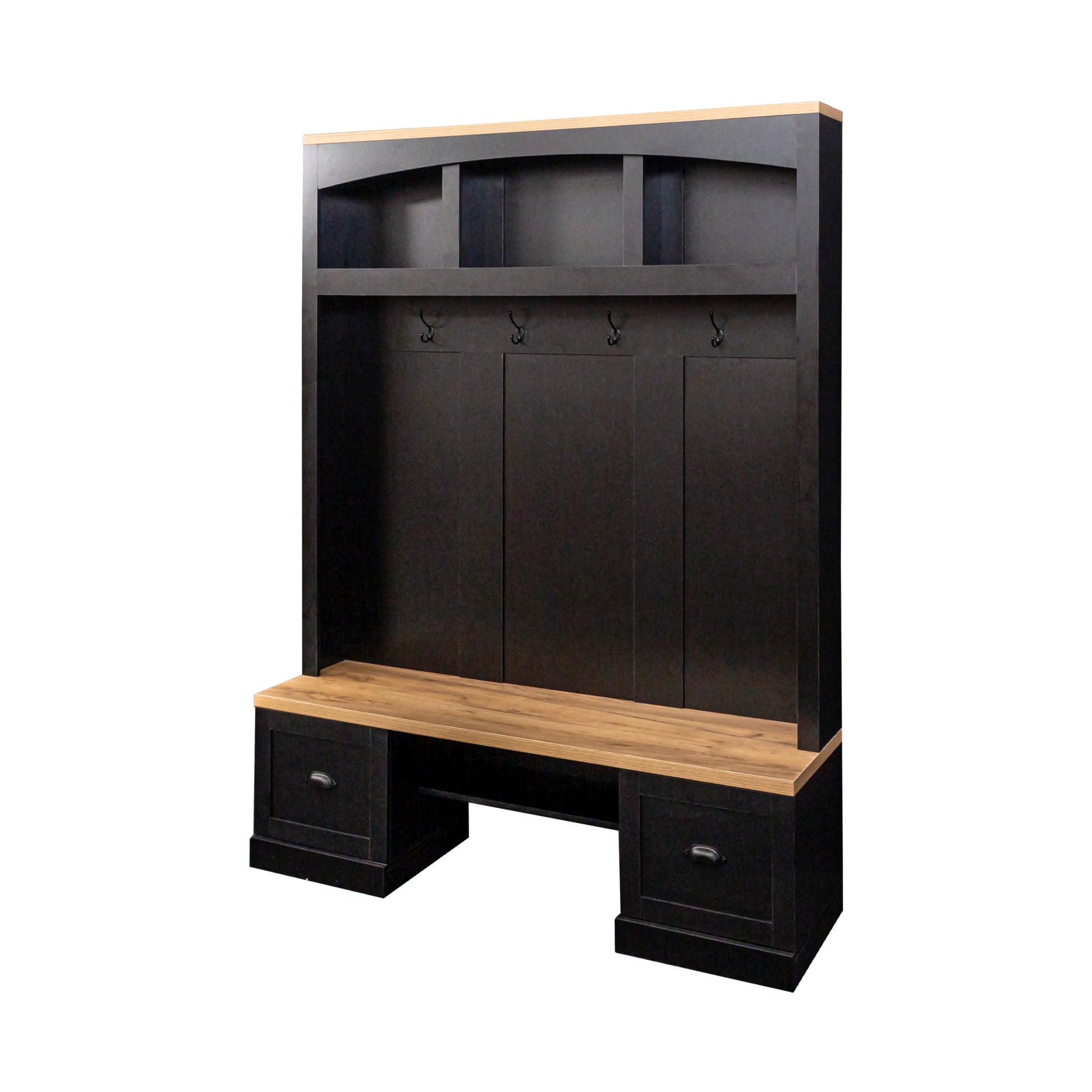 Black wooden hall tree with bench hooks and drawers for entryway organization