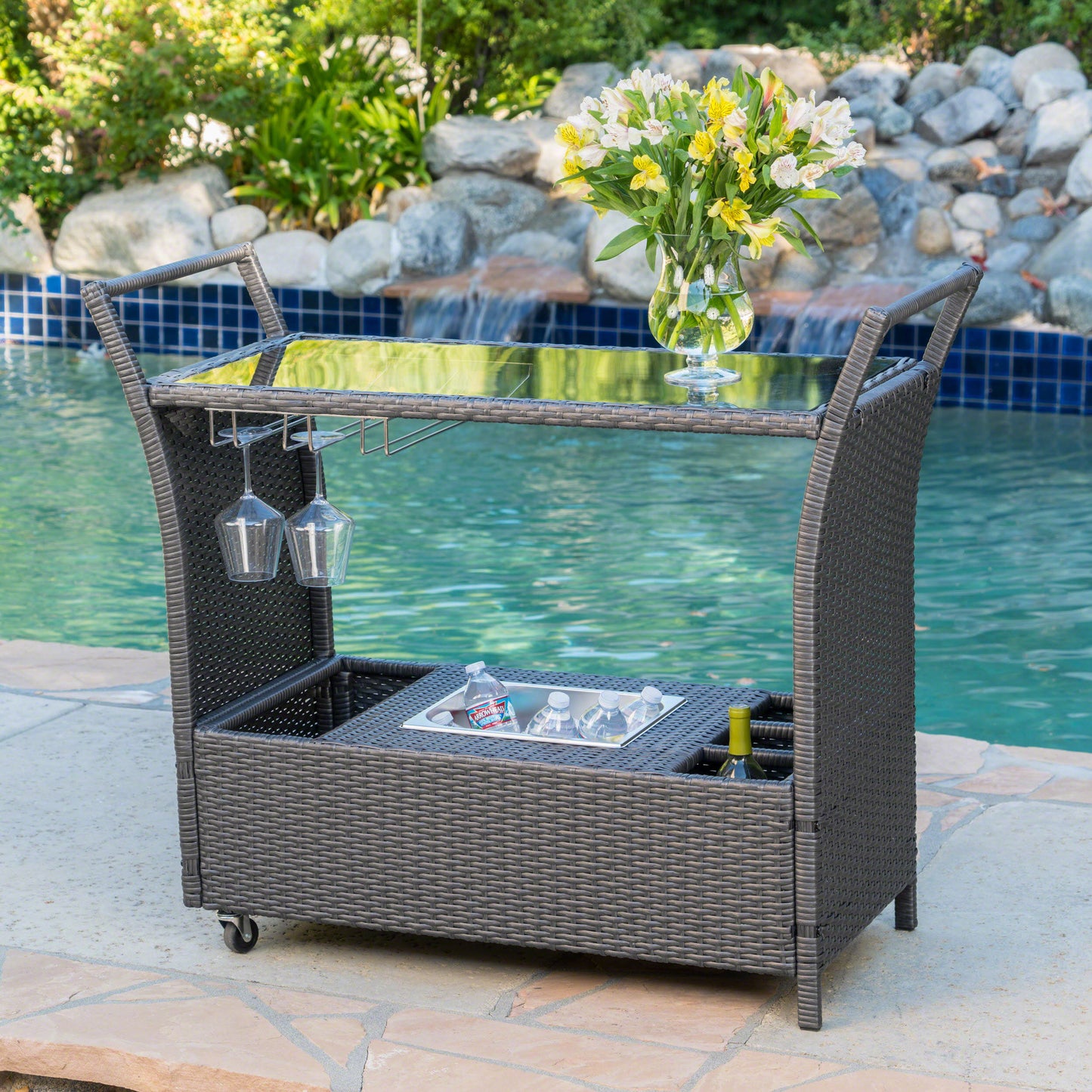 Wicker outdoor bar cart with cooler bin and wine rack