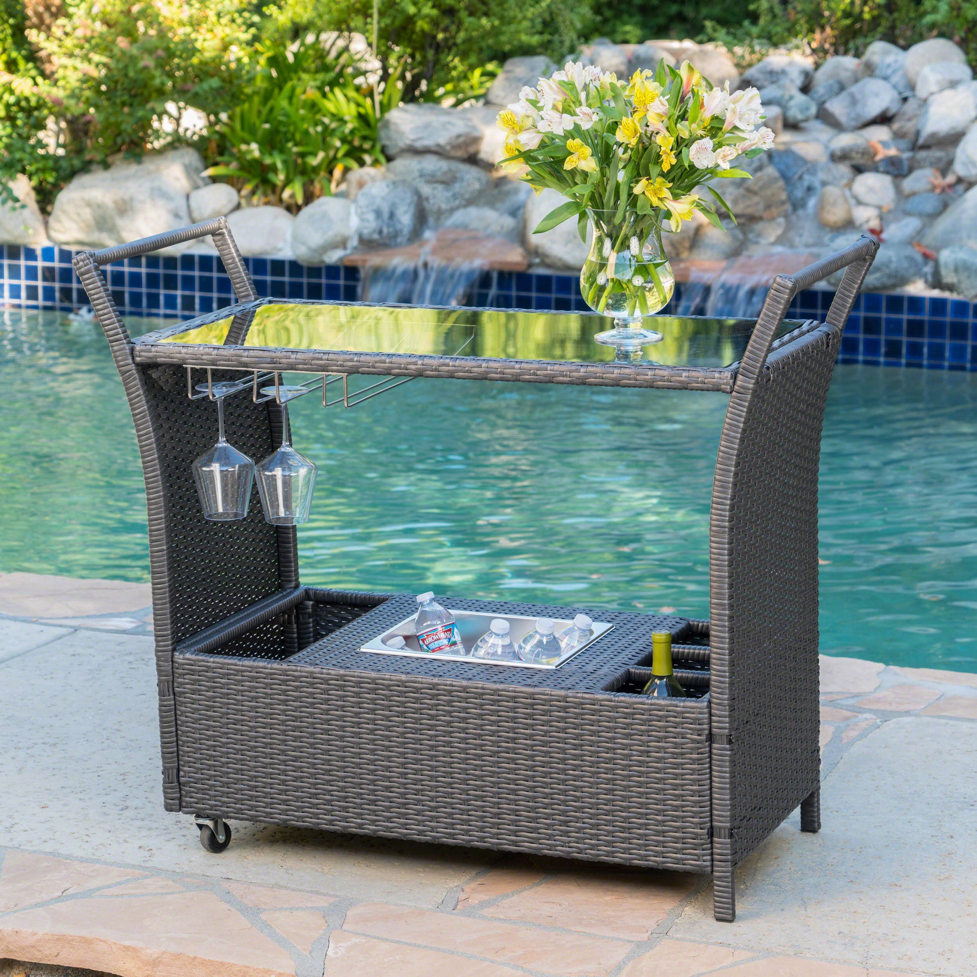 Wicker outdoor bar cart with cooler bin and wine rack
