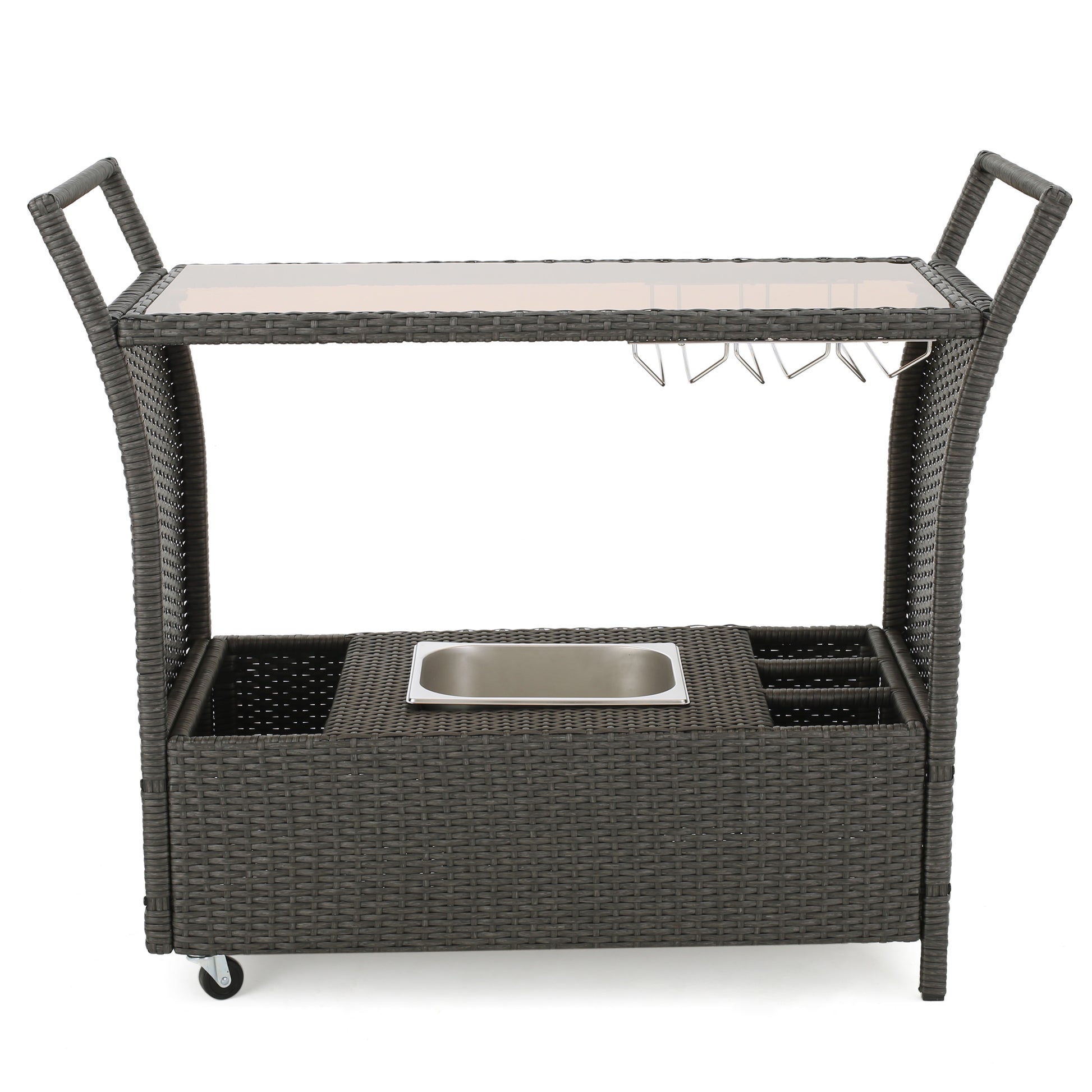 Dark grey rattan bar cart with ice bucket and wine glass rack