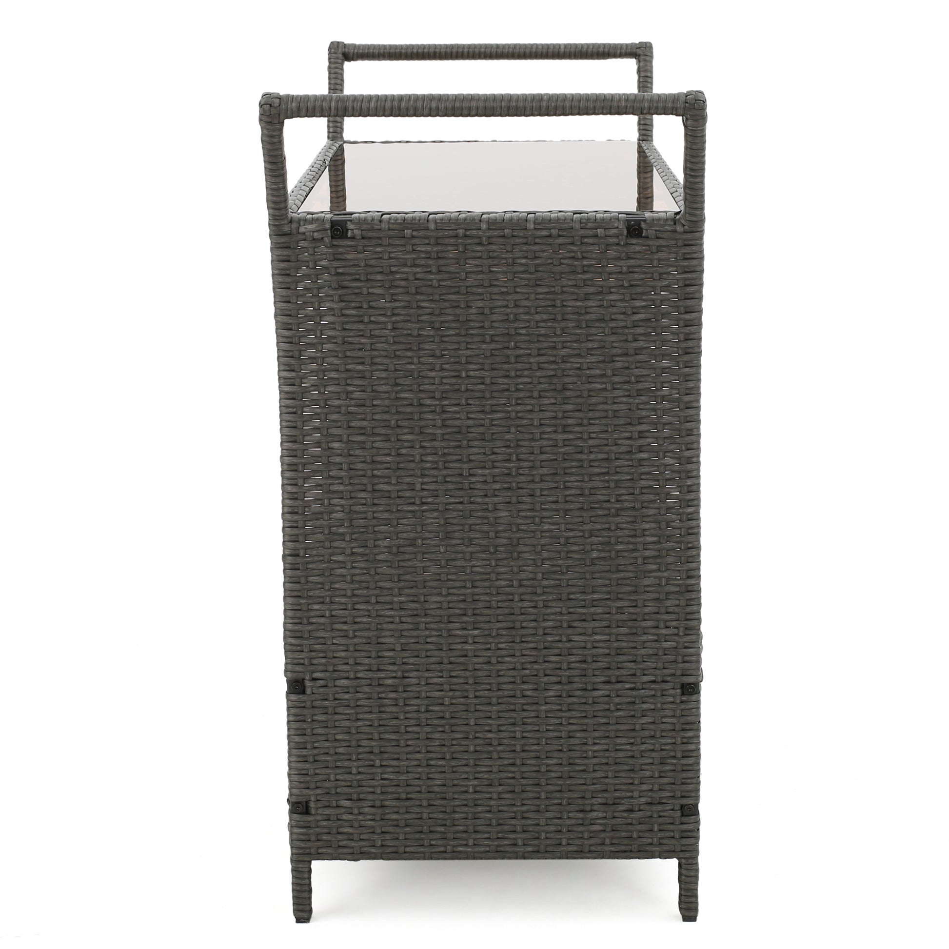 Gray wicker bar cart with glass top and two shelves