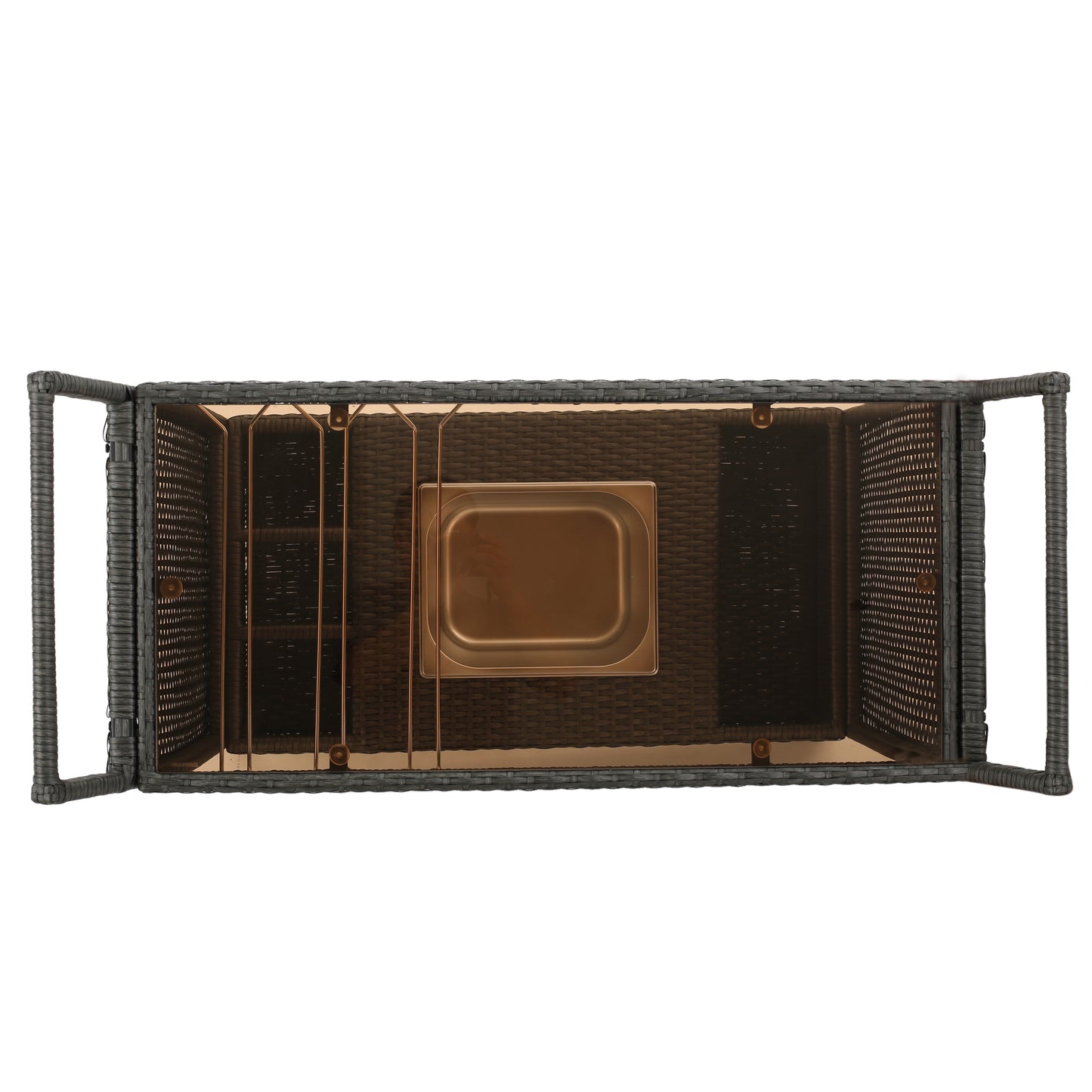 Dark gray wicker bar cart with brass accents and ice bucket