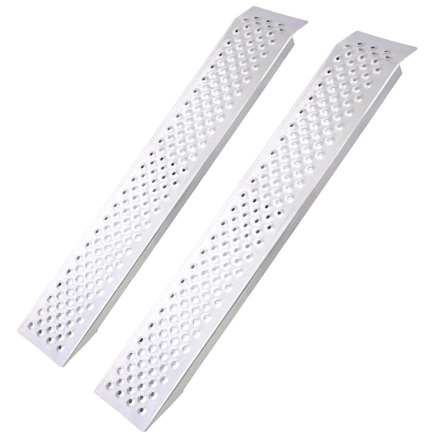 Pair of durable aluminum loading ramps with a textured perforated surface for traction