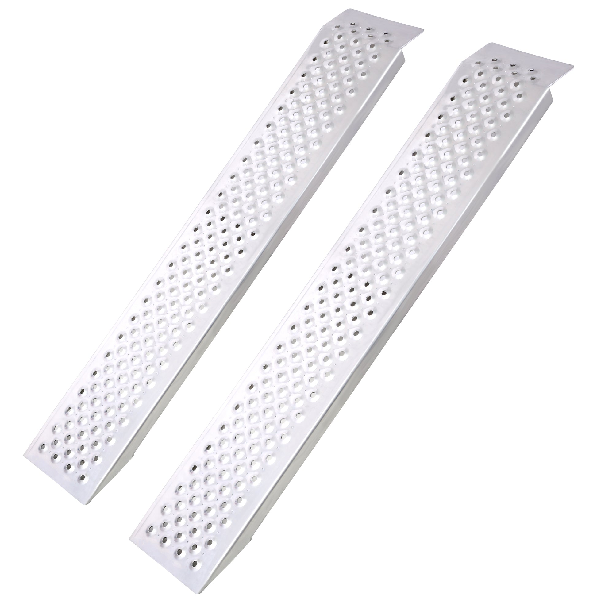 Pair of durable aluminum loading ramps with a textured perforated surface for traction