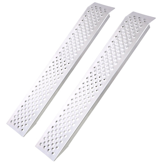 Pair of durable aluminum loading ramps with a textured perforated surface for traction