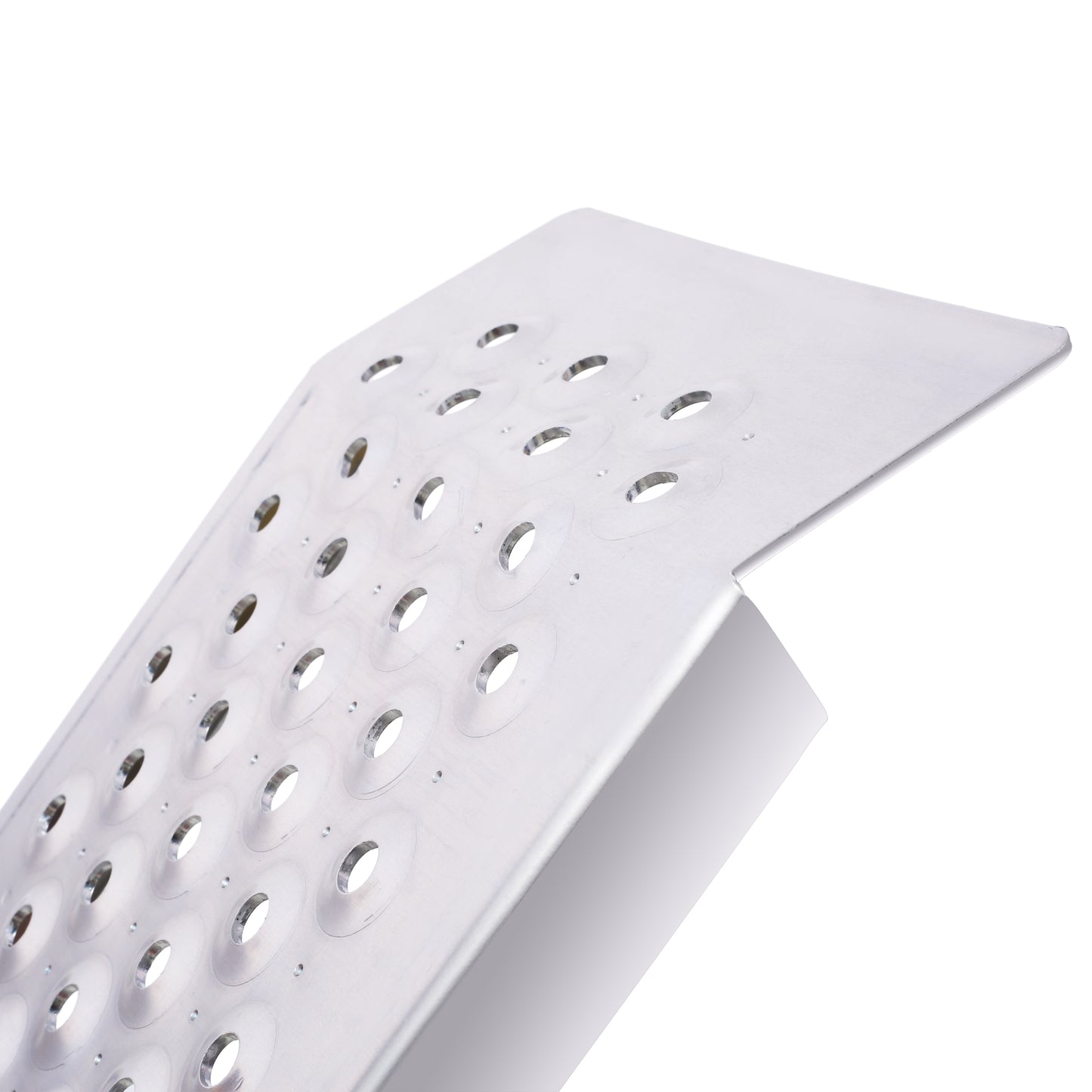 Brushed aluminum ramp with circular grip holes ideal for accessibility and safe loading