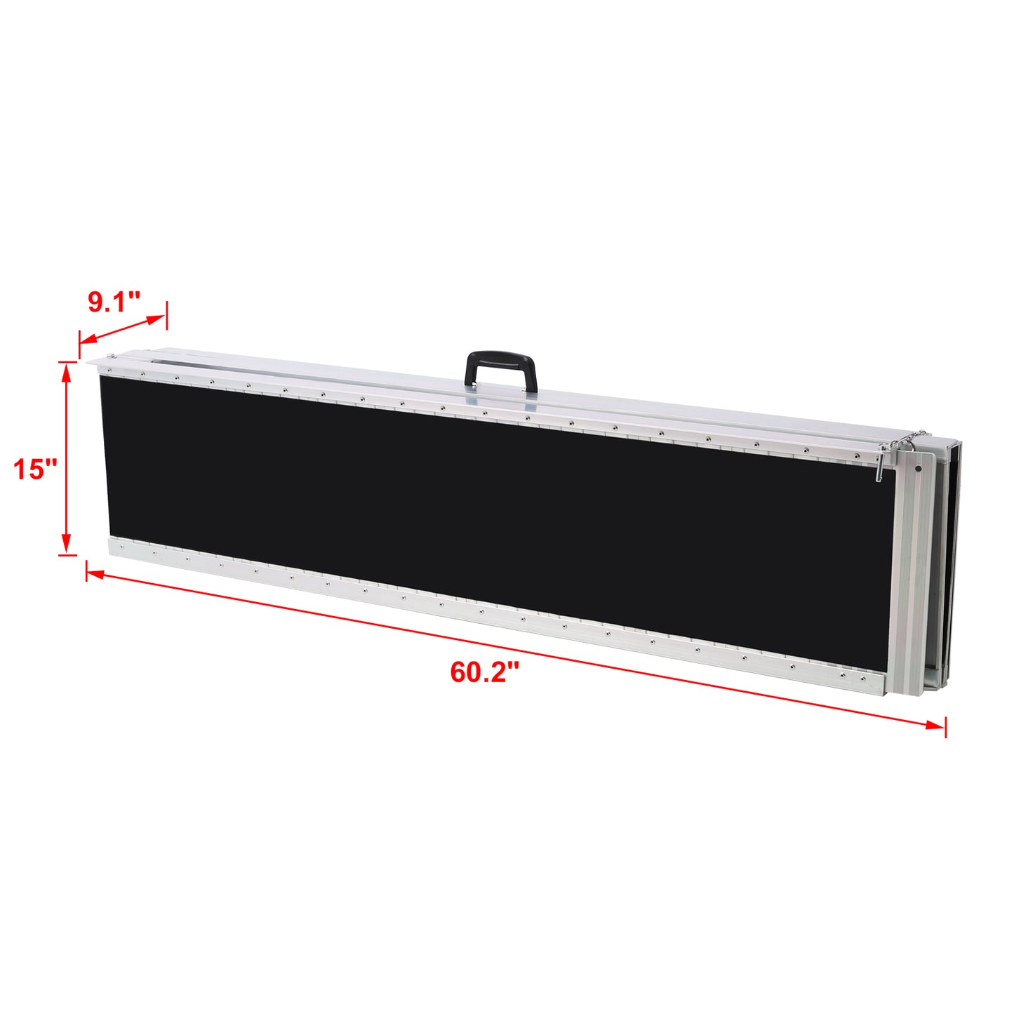 Portable aluminum ramp  inches long with black surface and silver frame