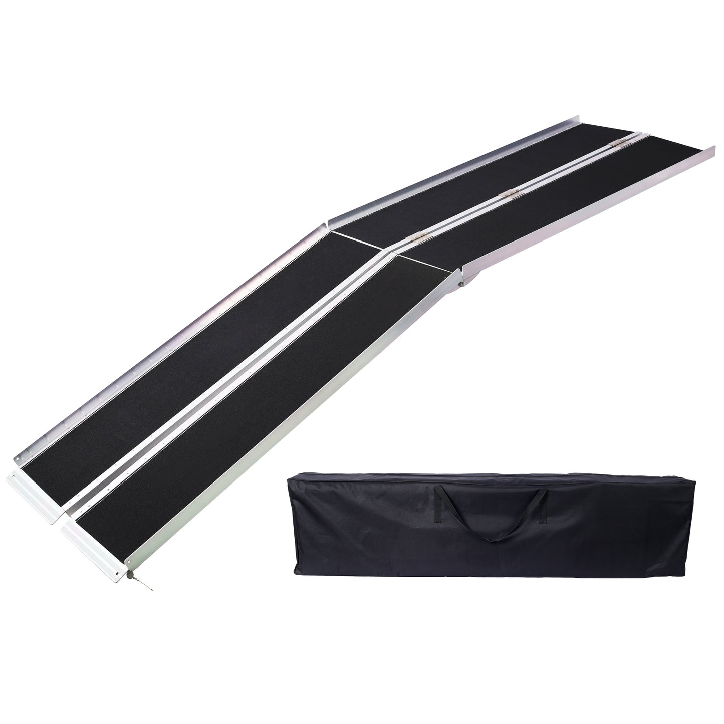 Folding aluminum ramp with black antislip surface and carrying case