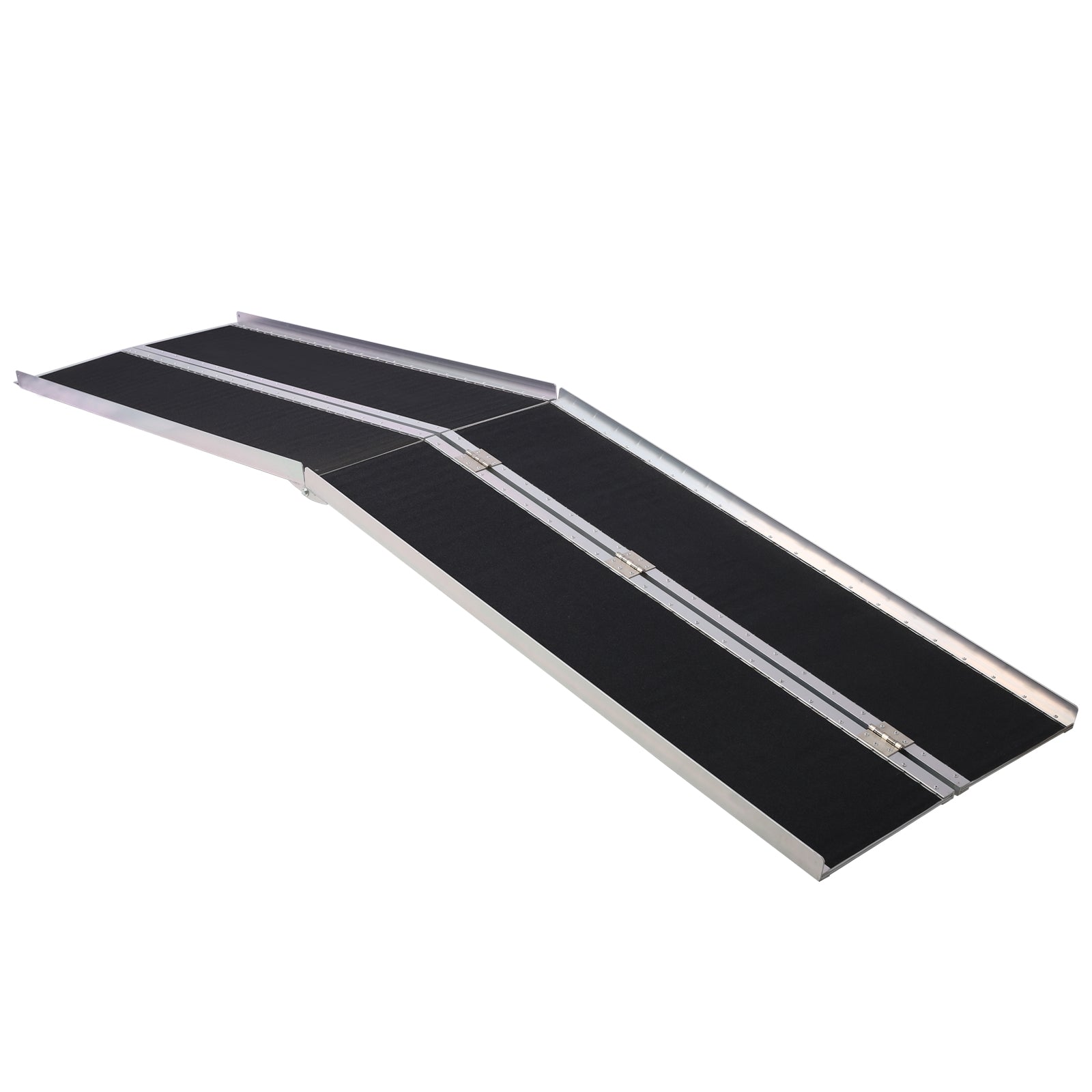 Silver and black folding wheelchair ramp with nonslip surface