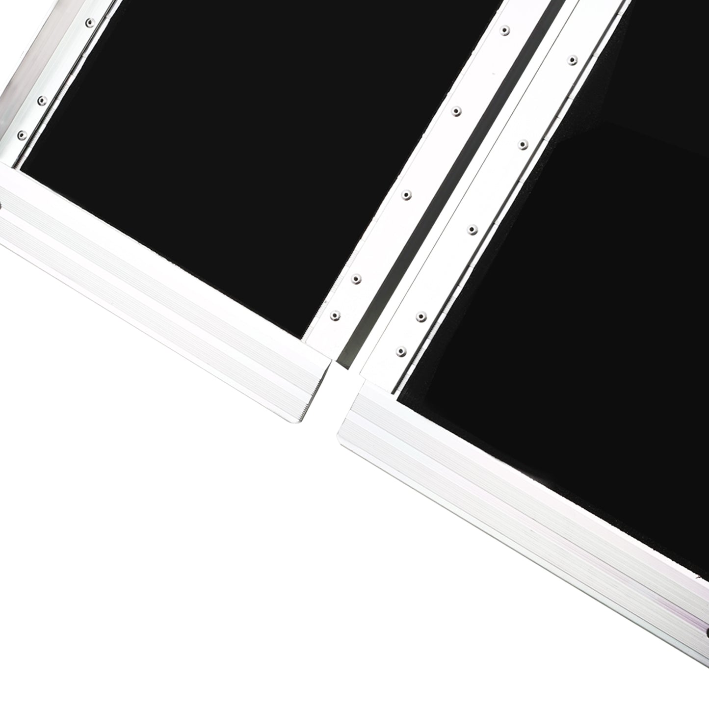 Silver aluminum flight case panels with black inserts and visible rivets