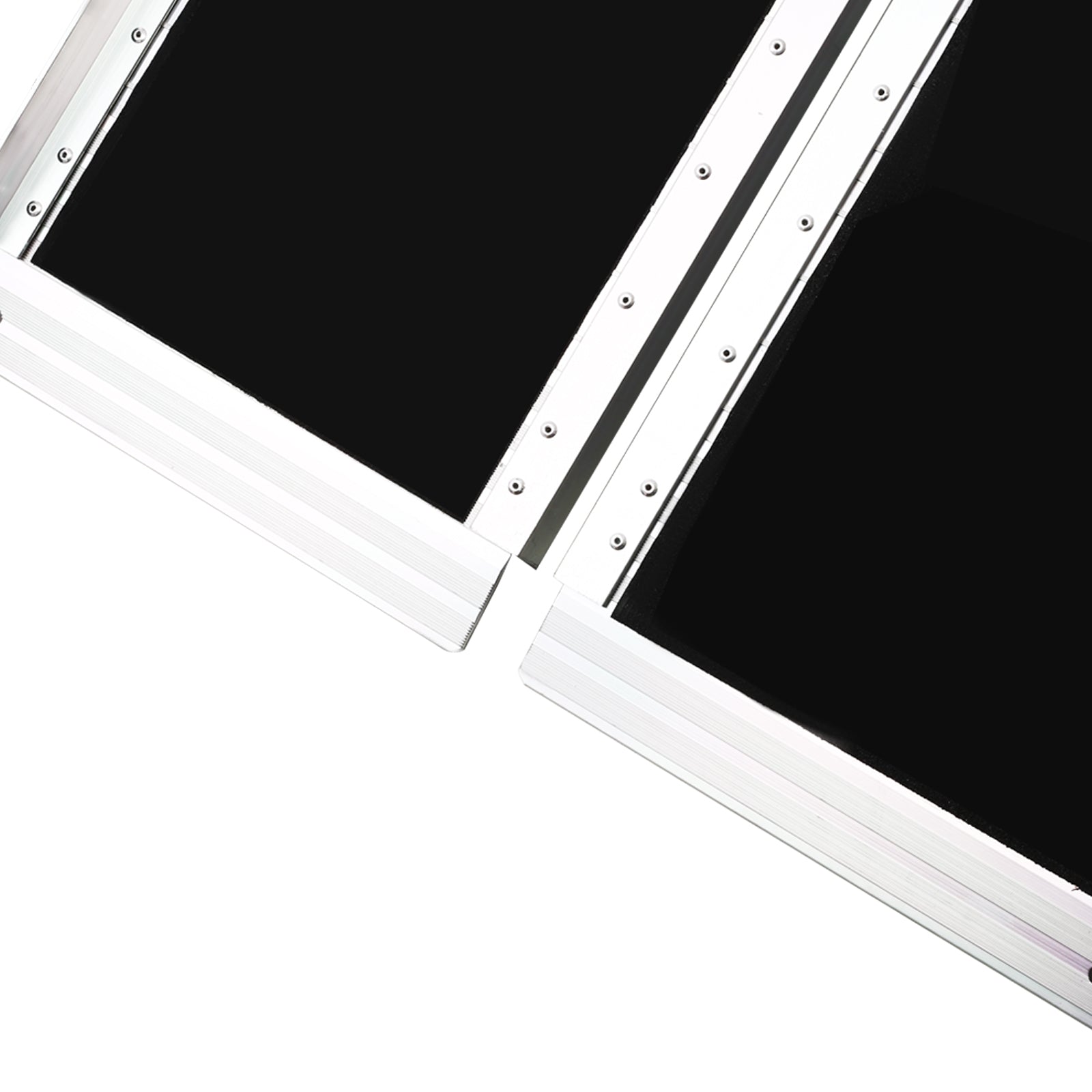 Silver aluminum flight case panels with black inserts and visible rivets