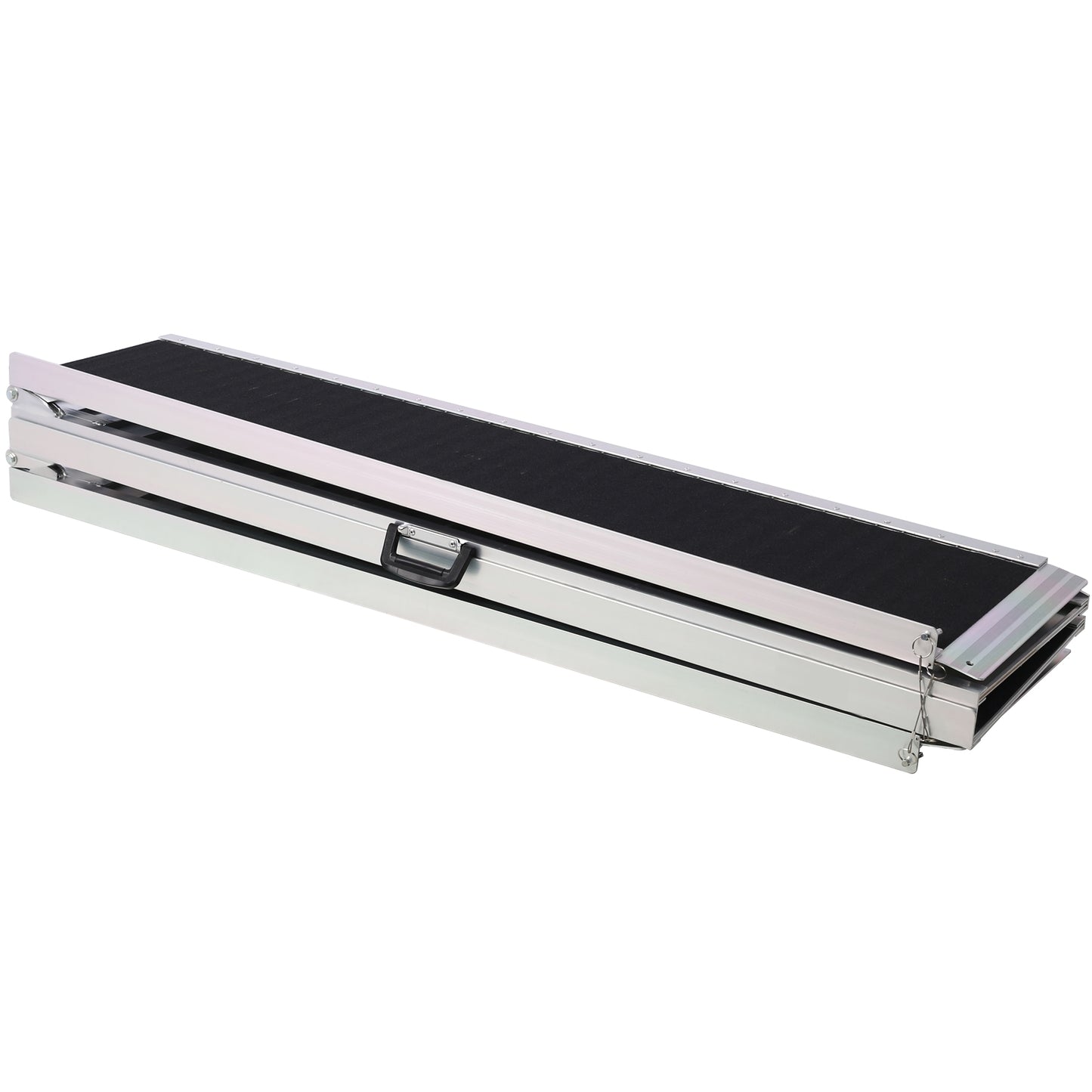Silver portable wheelchair ramp with black nonslip surface and folding design