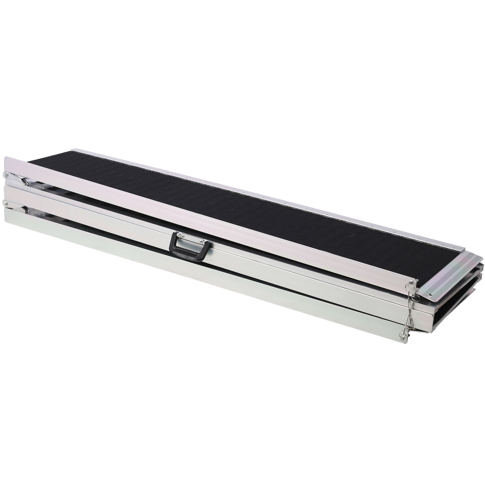 Silver portable wheelchair ramp with black nonslip surface and folding design