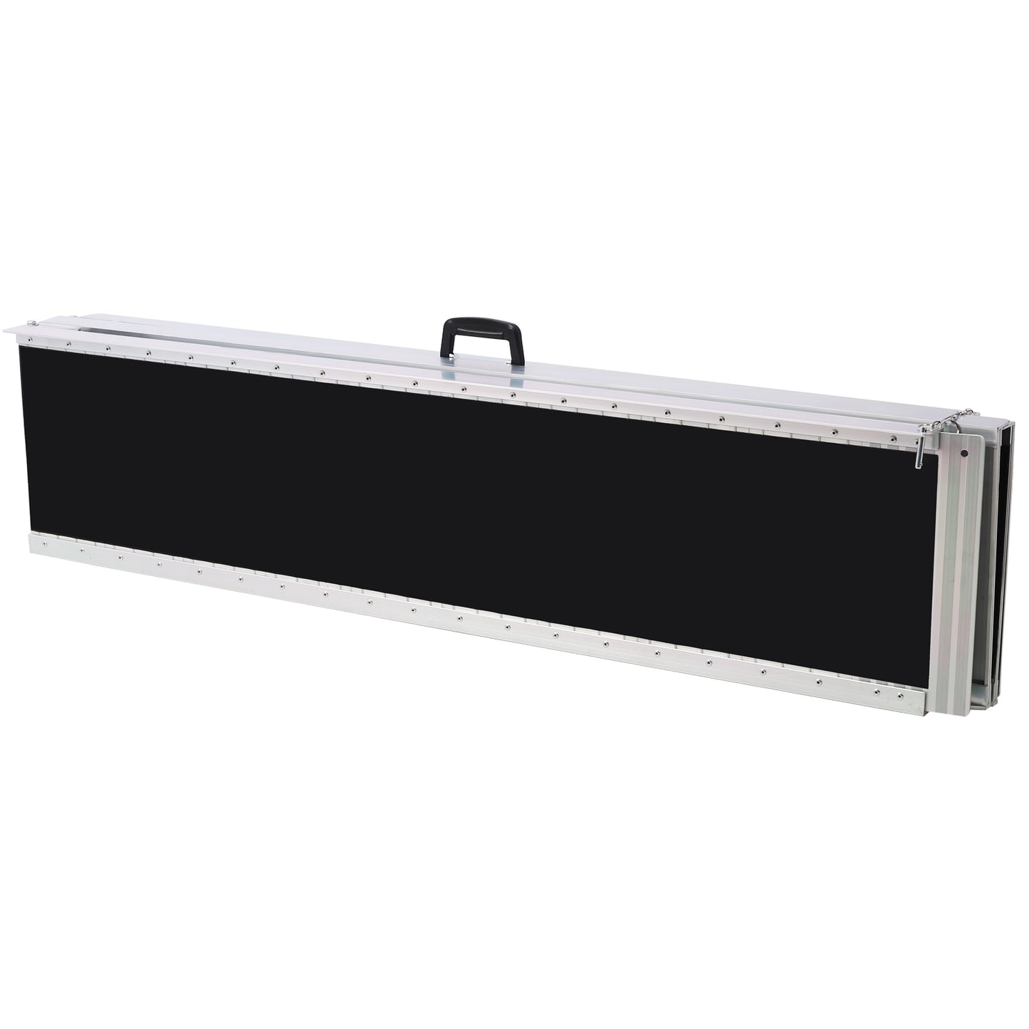 Silver folding ramp with black textured surface and handle for easy transport