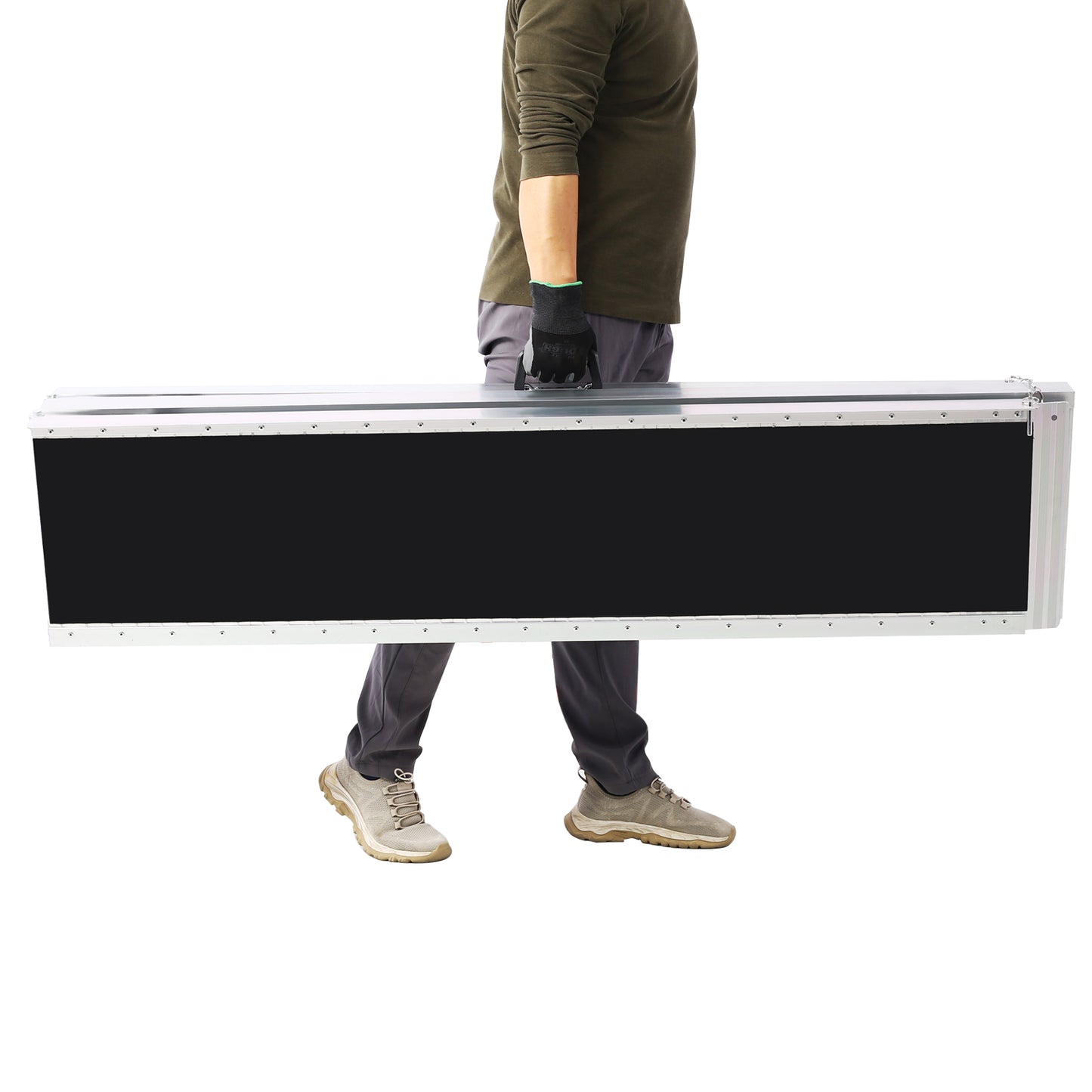 Person holding a large silverframed black panel likely for events or display