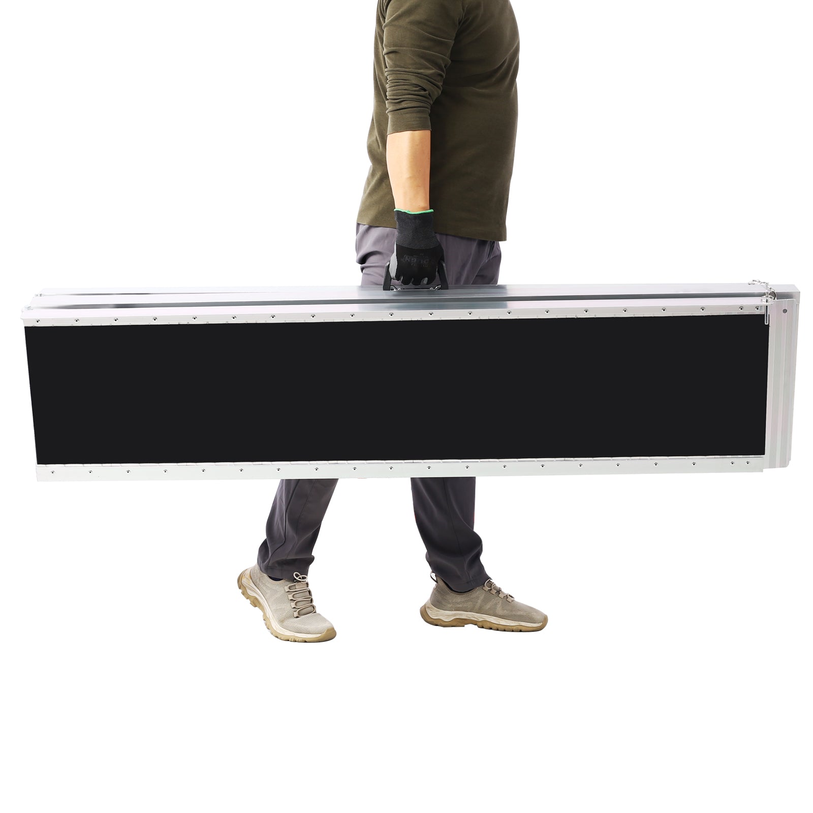 Person holding a large silverframed black panel likely for events or display