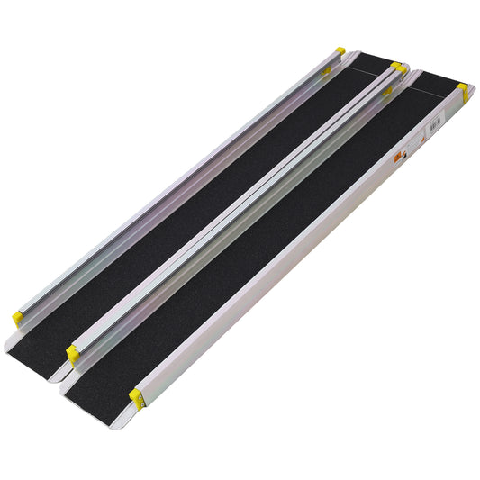 Silver aluminum wheelchair ramp with black nonslip surface and yellow safety stops portable design for accessibility