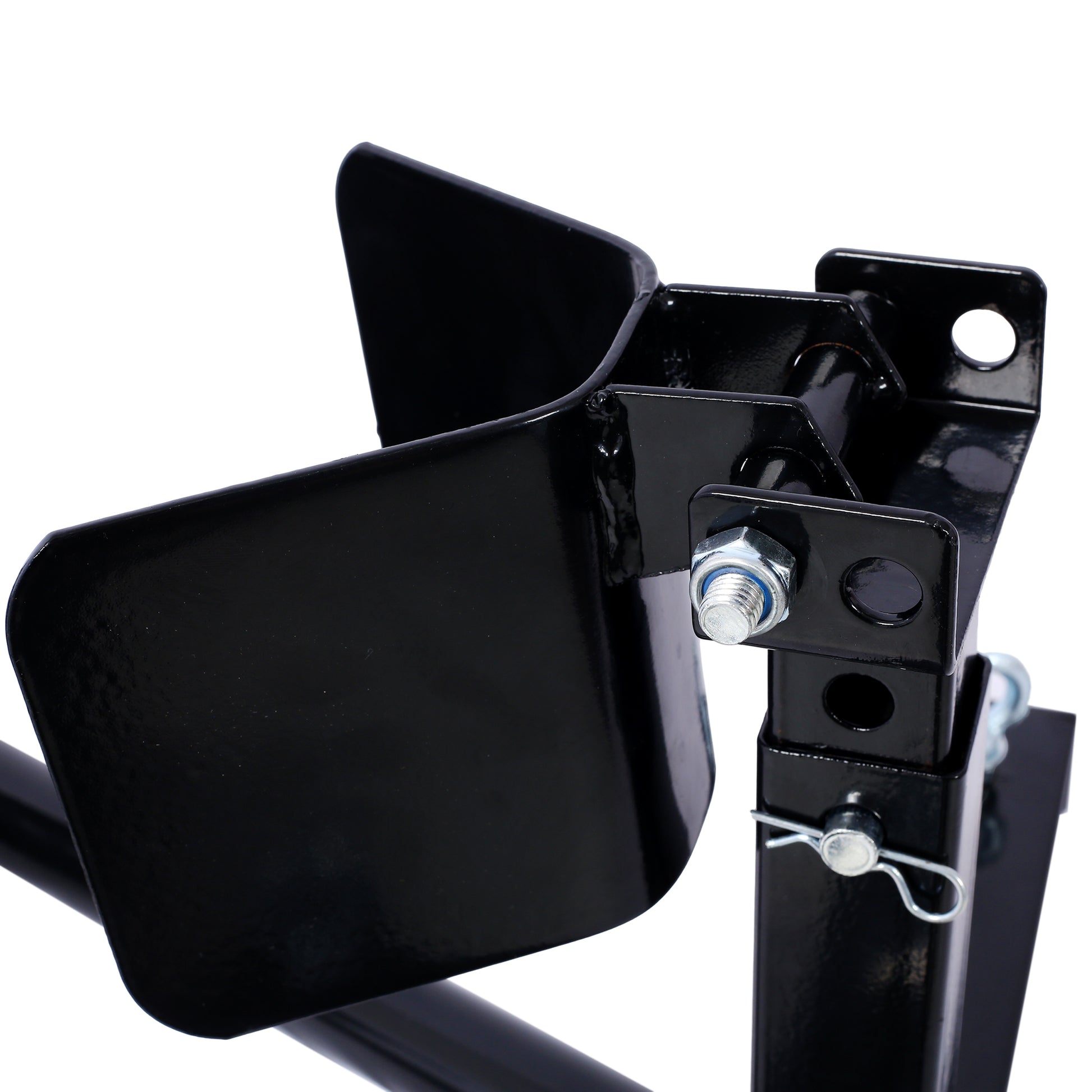 Black metal motorcycle wheel chock with secure locking mechanism