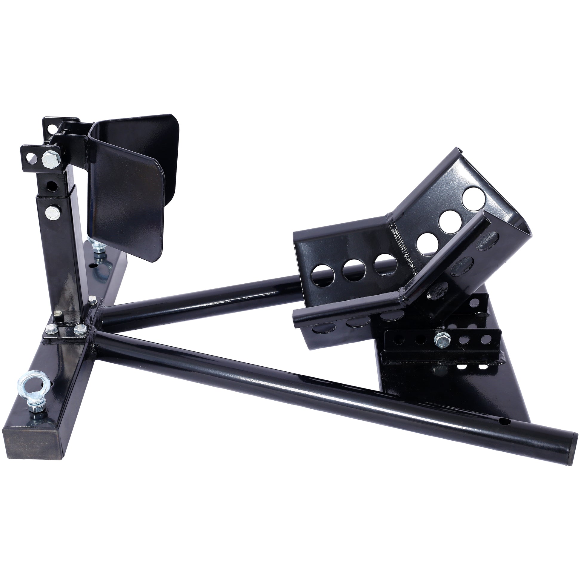 Black steel motorcycle front wheel chock for secure parking