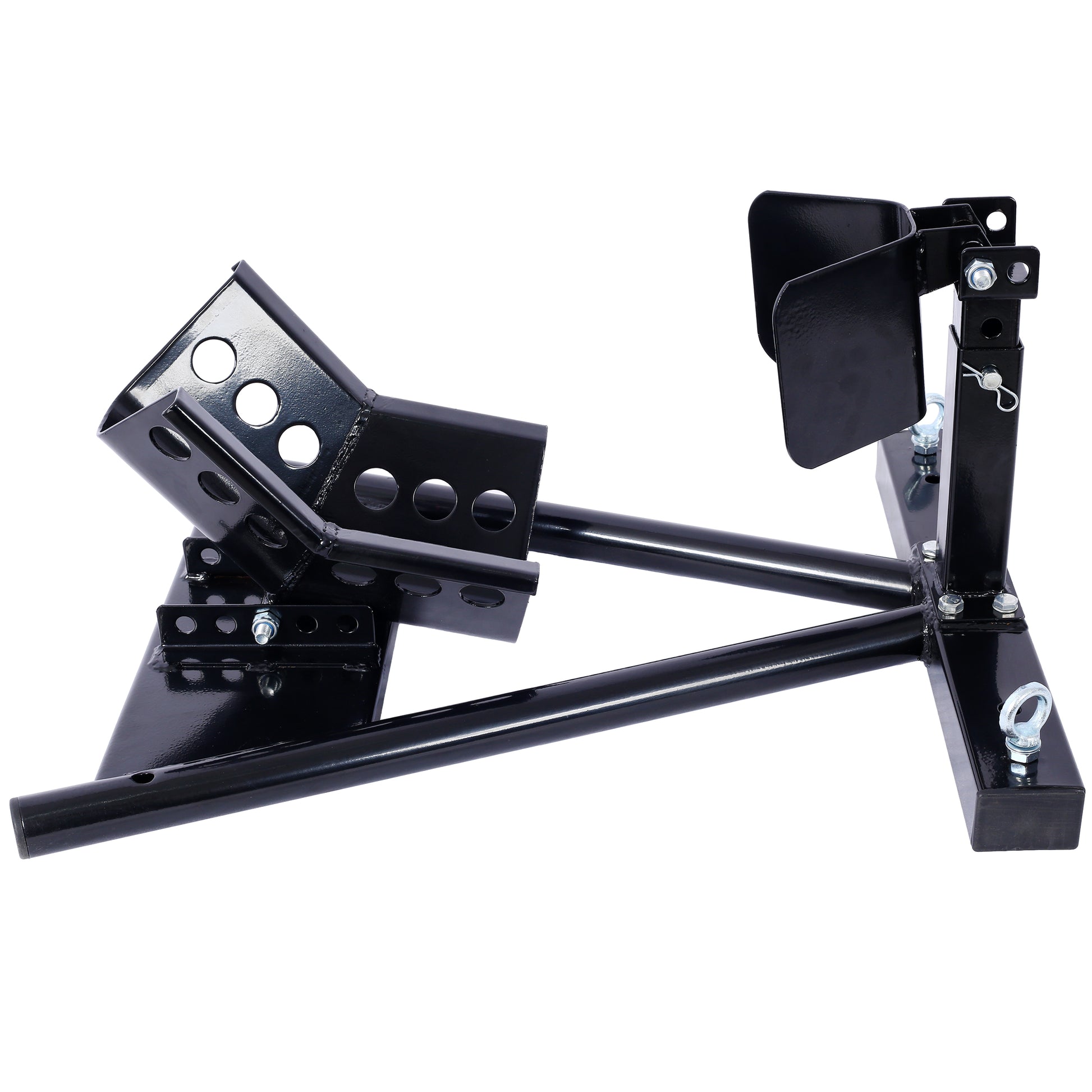 Heavyduty black steel motorcycle front wheel chock for secure parking and transport