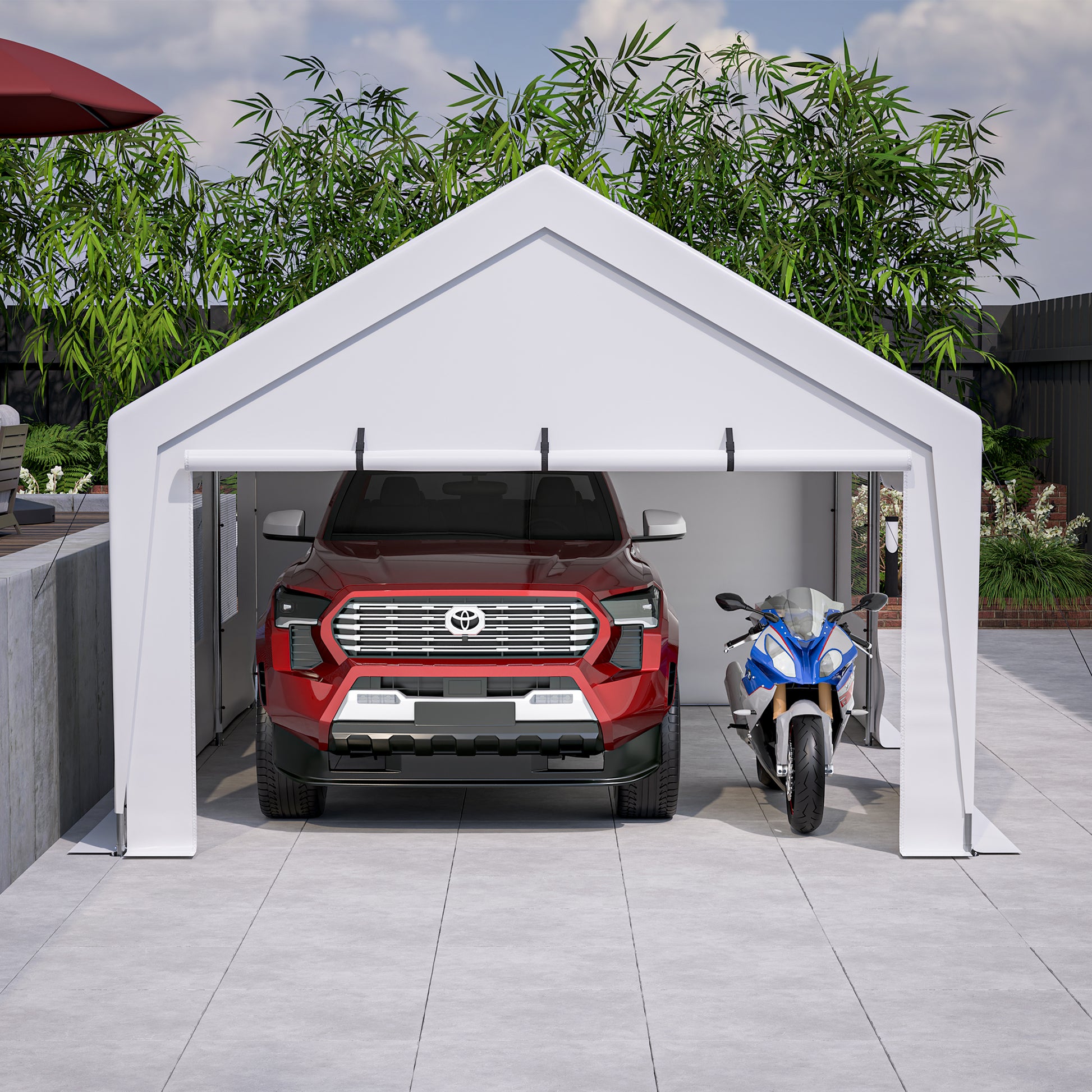 White car shelter protecting red pickup truck and blue sport motorcycle outdoors