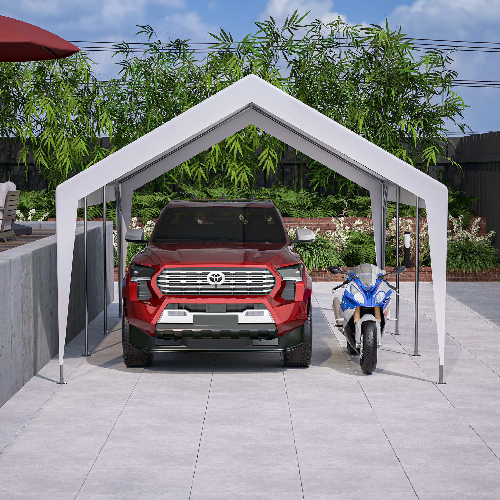 White metal carport protecting a red truck and blue motorcycle in a paved driveway