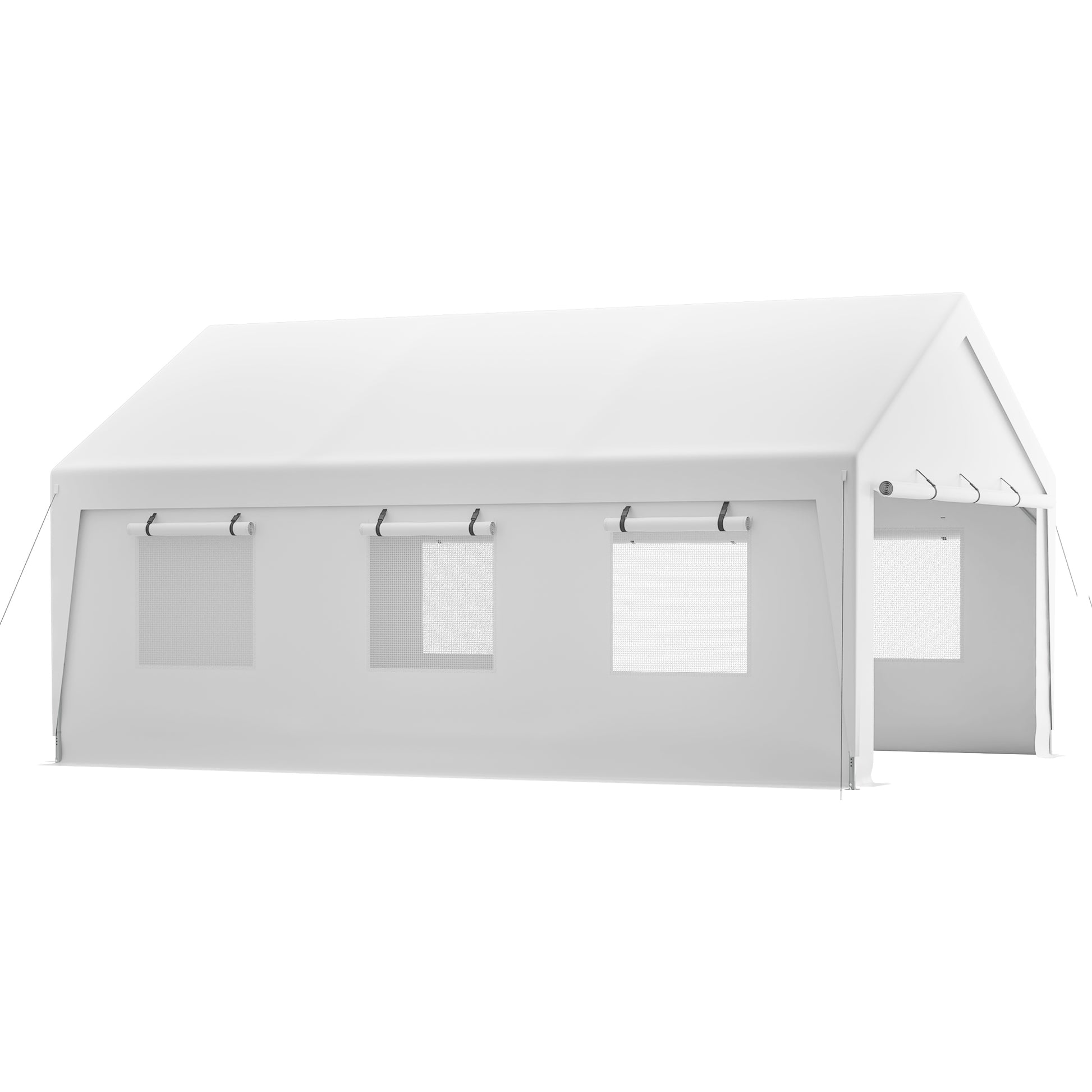 White heavyduty party tent with three mesh windows and rolledup side panels for outdoor events