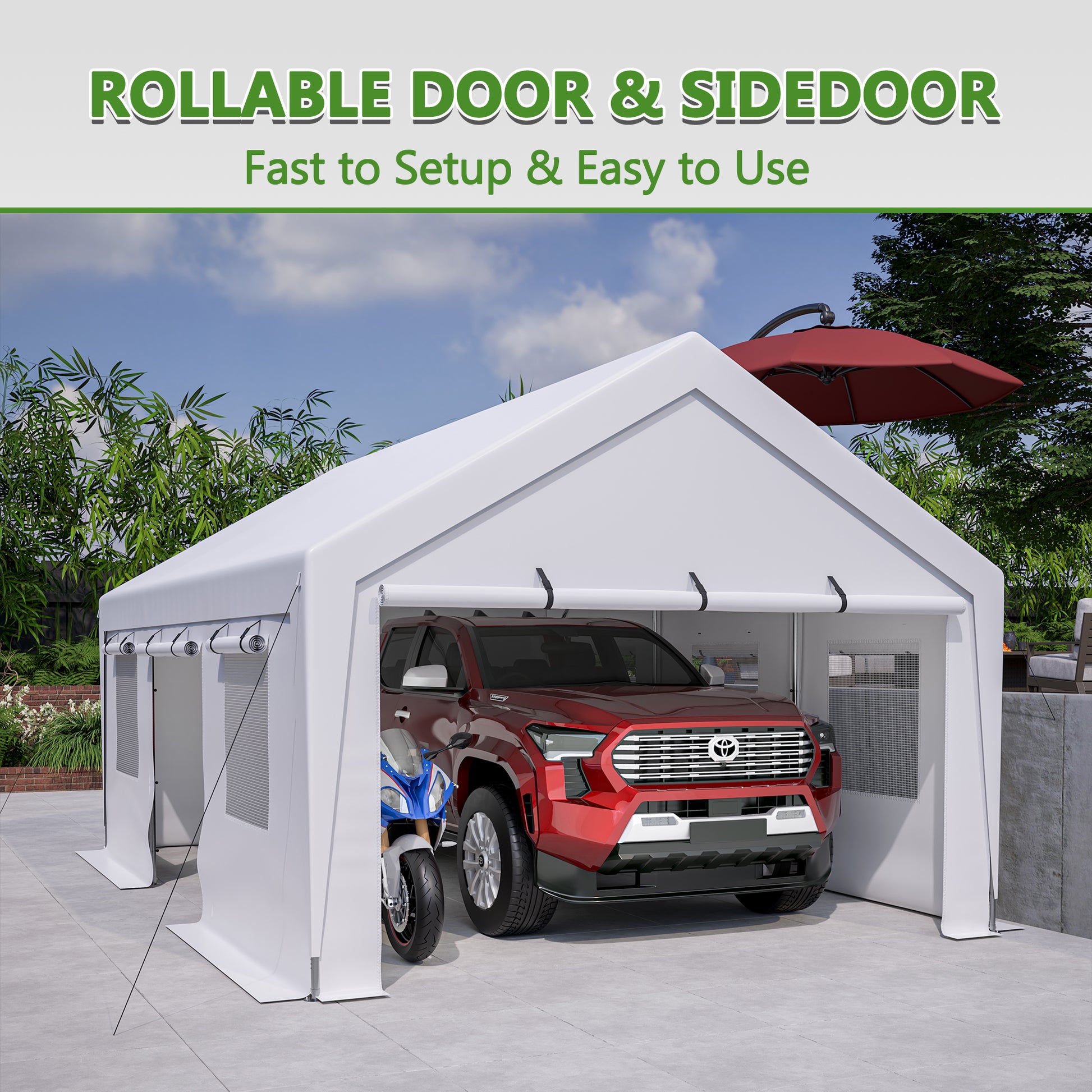 White car and motorcycle protected inside a rollable door garage tent