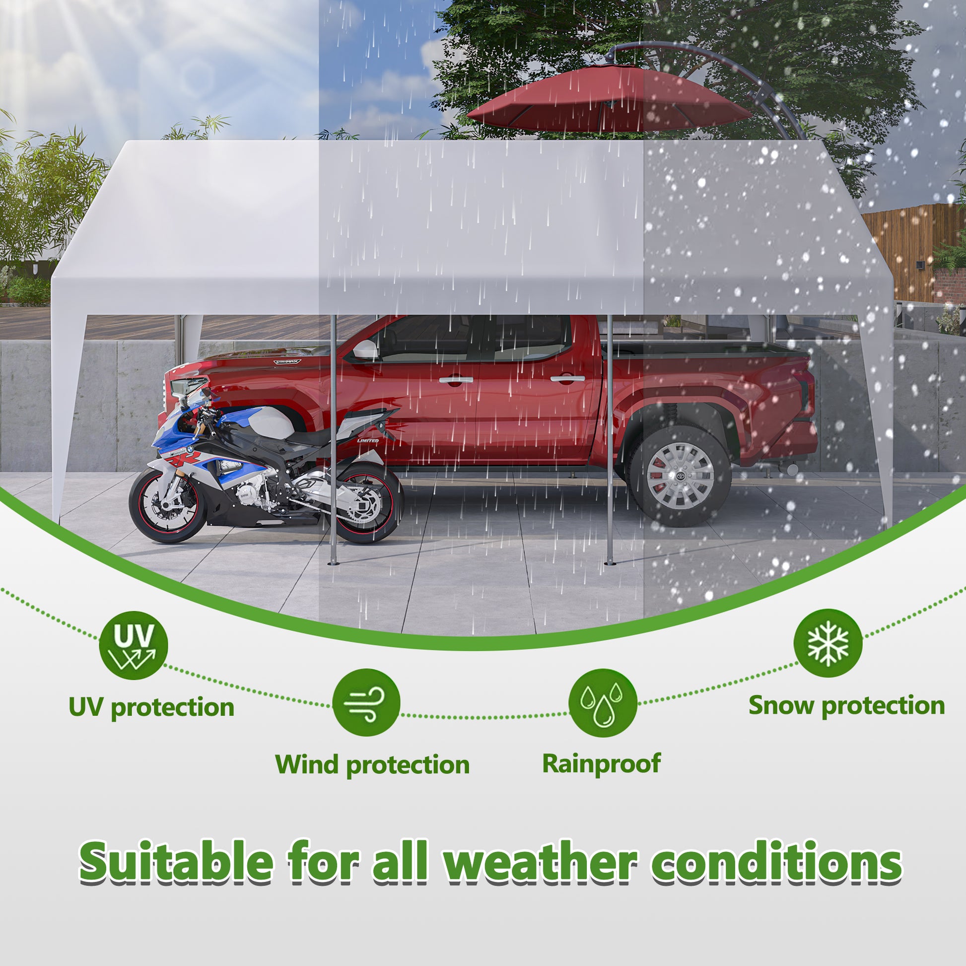 White outdoor canopy protects a red truck and motorcycle from sun rain and snow