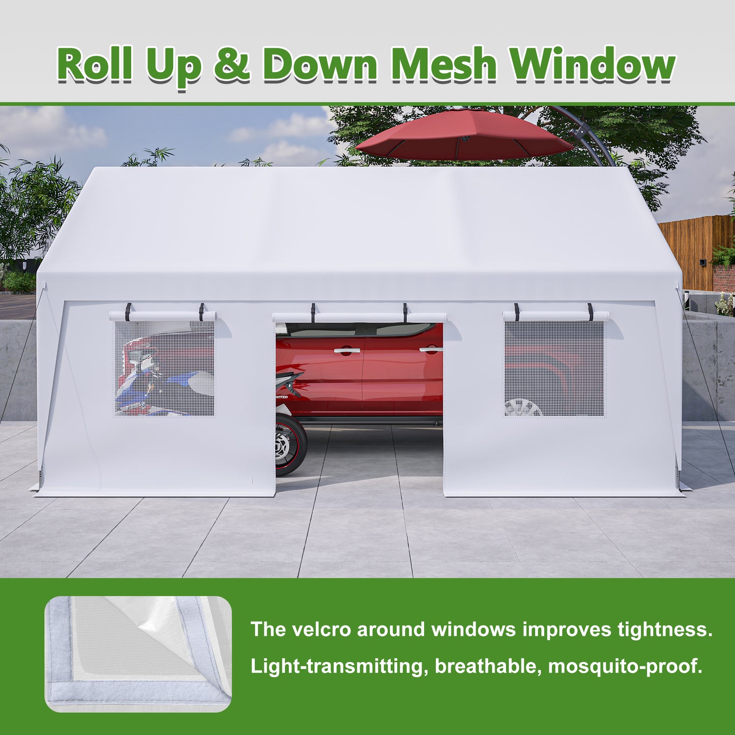 White tent with rollup mesh windows red car inside outdoor setting