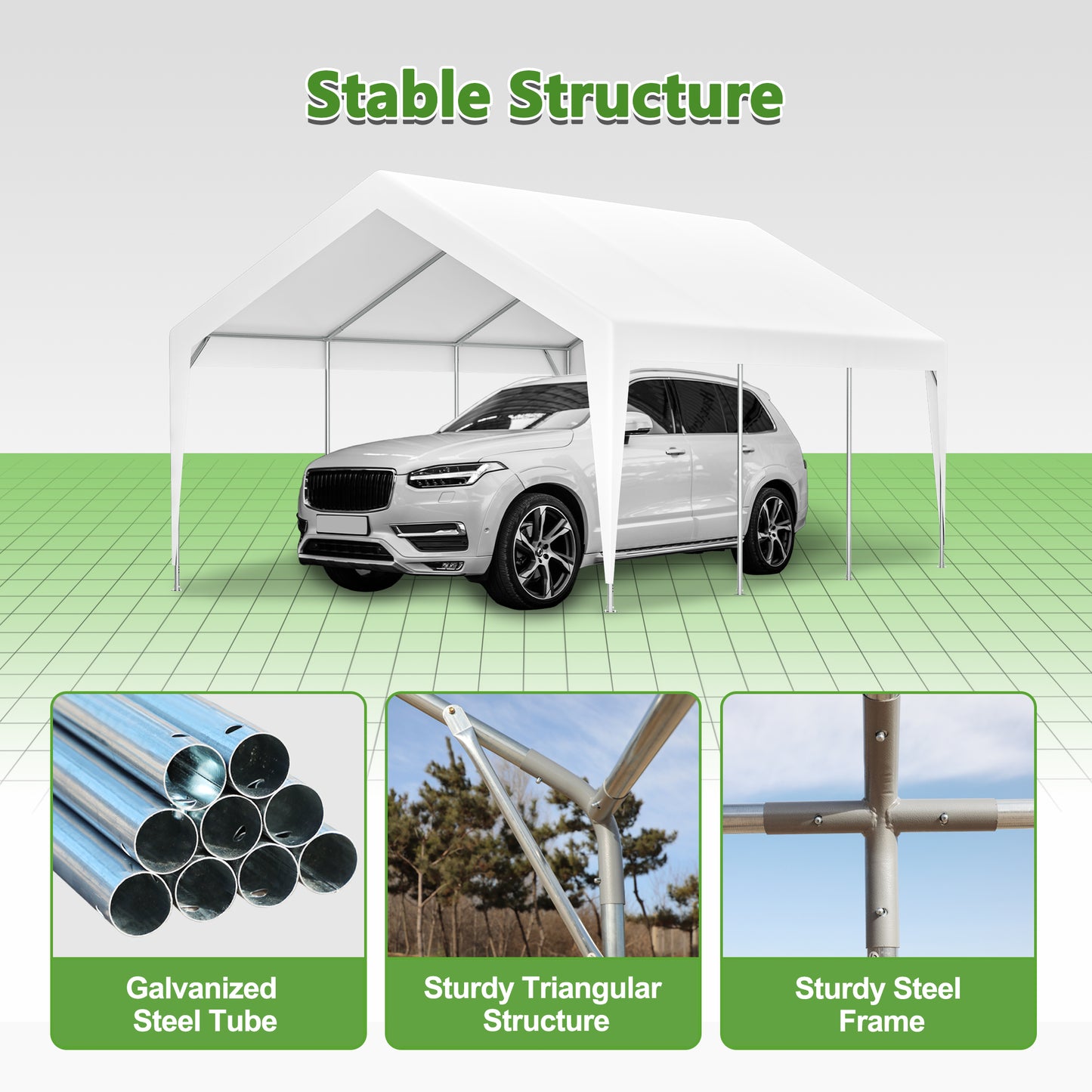 White carport canopy covering a silver SUV showcasing stable structure
