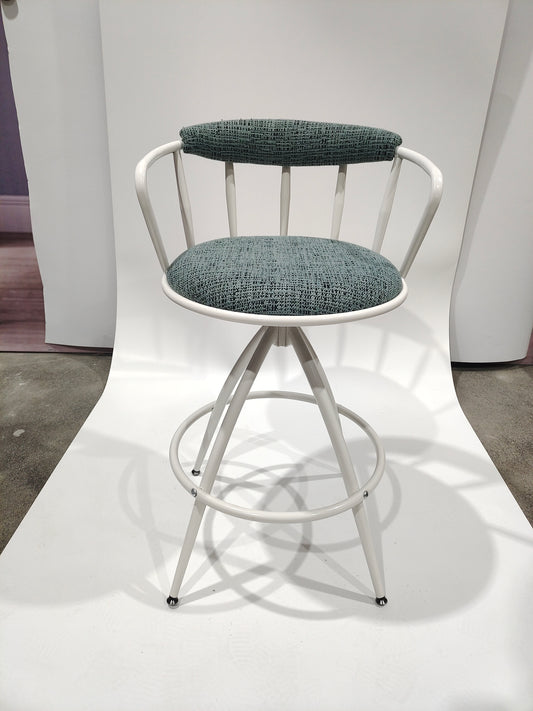 White metal swivel bar stool with textured teal fabric seat and back