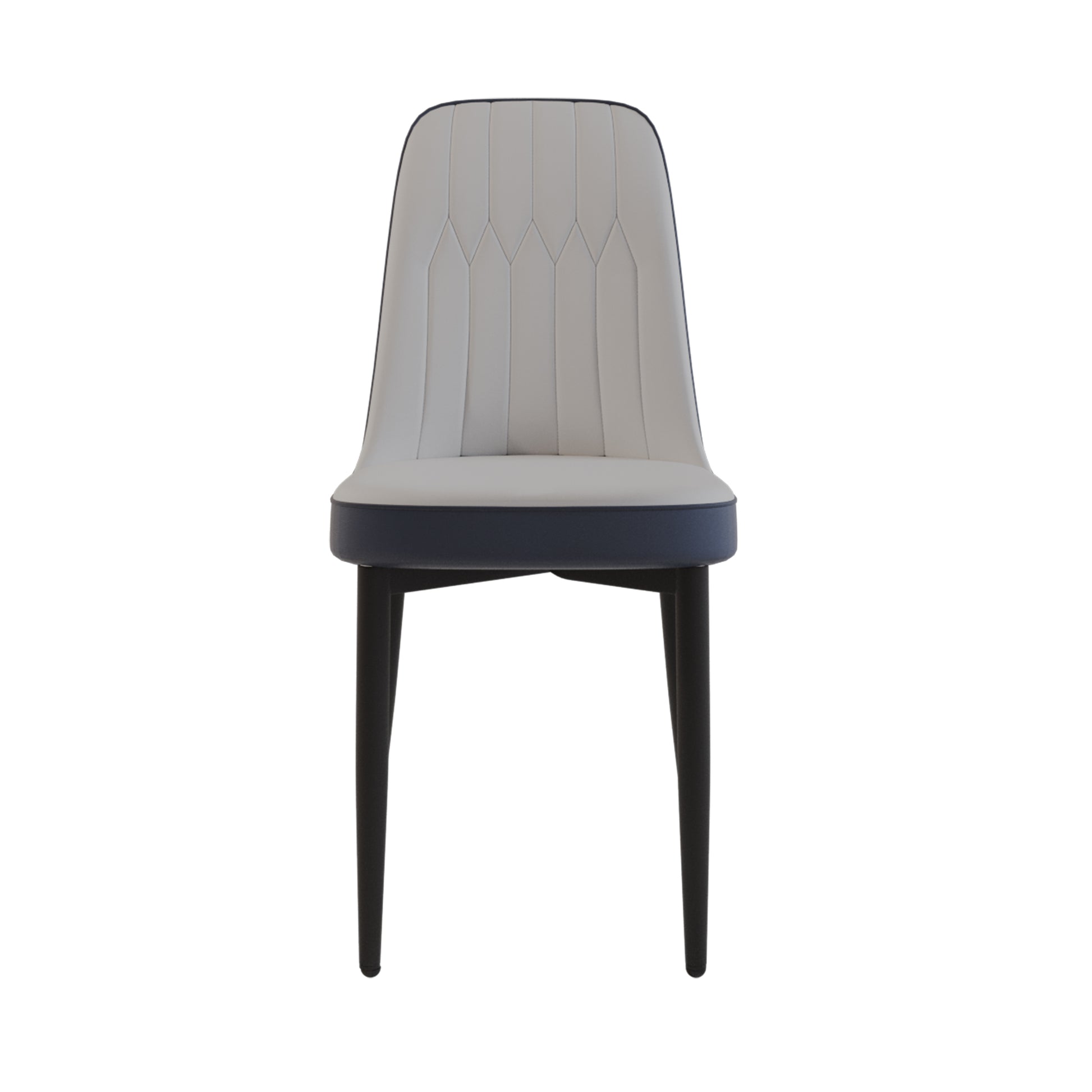 Modern upholstered dining chair in light grey with dark blue trim and black legs