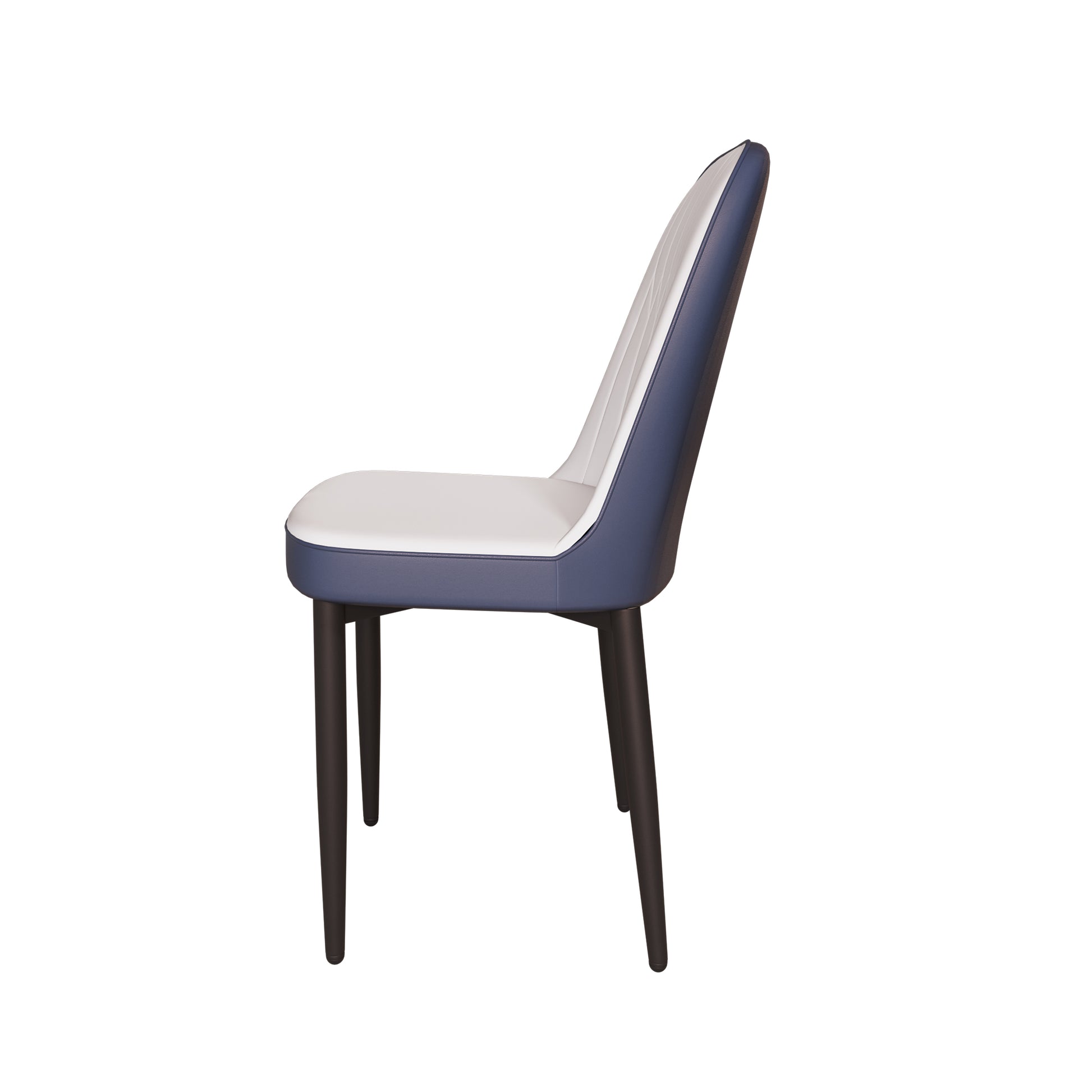 Modern dining chair with white and navy blue upholstered seat and backrest