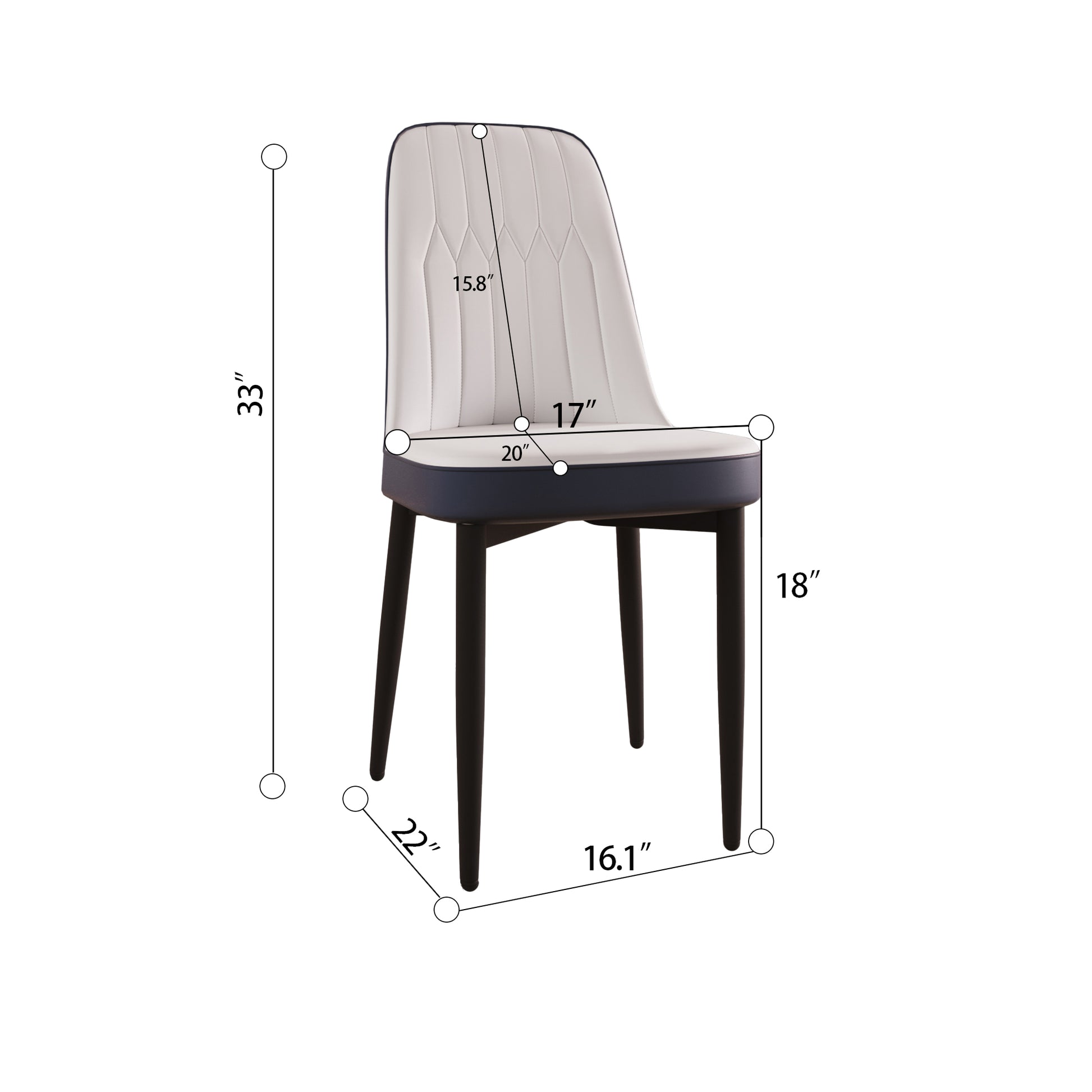 Modern dining chair with white padded seat and dark blue trim featuring black tapered legs