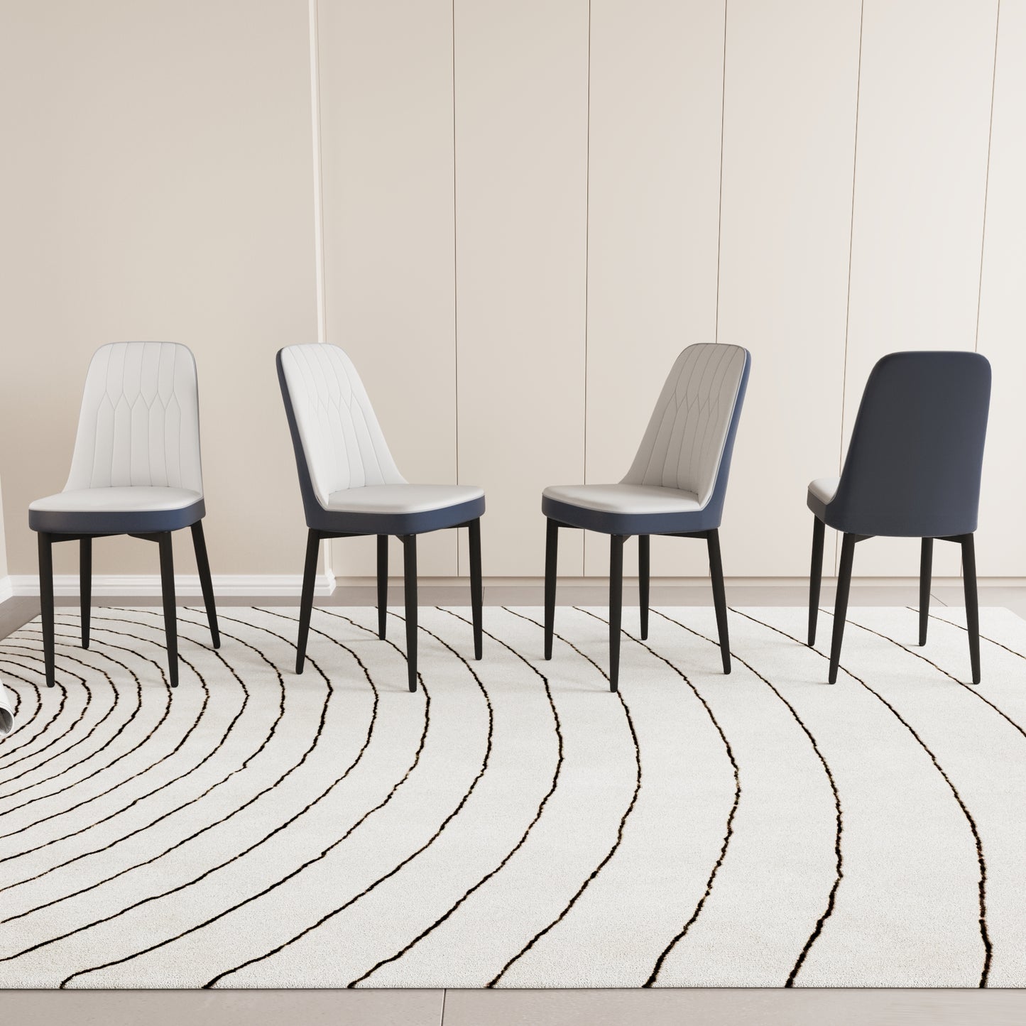 Four modern dining chairs with white upholstered seats and dark blue backrests