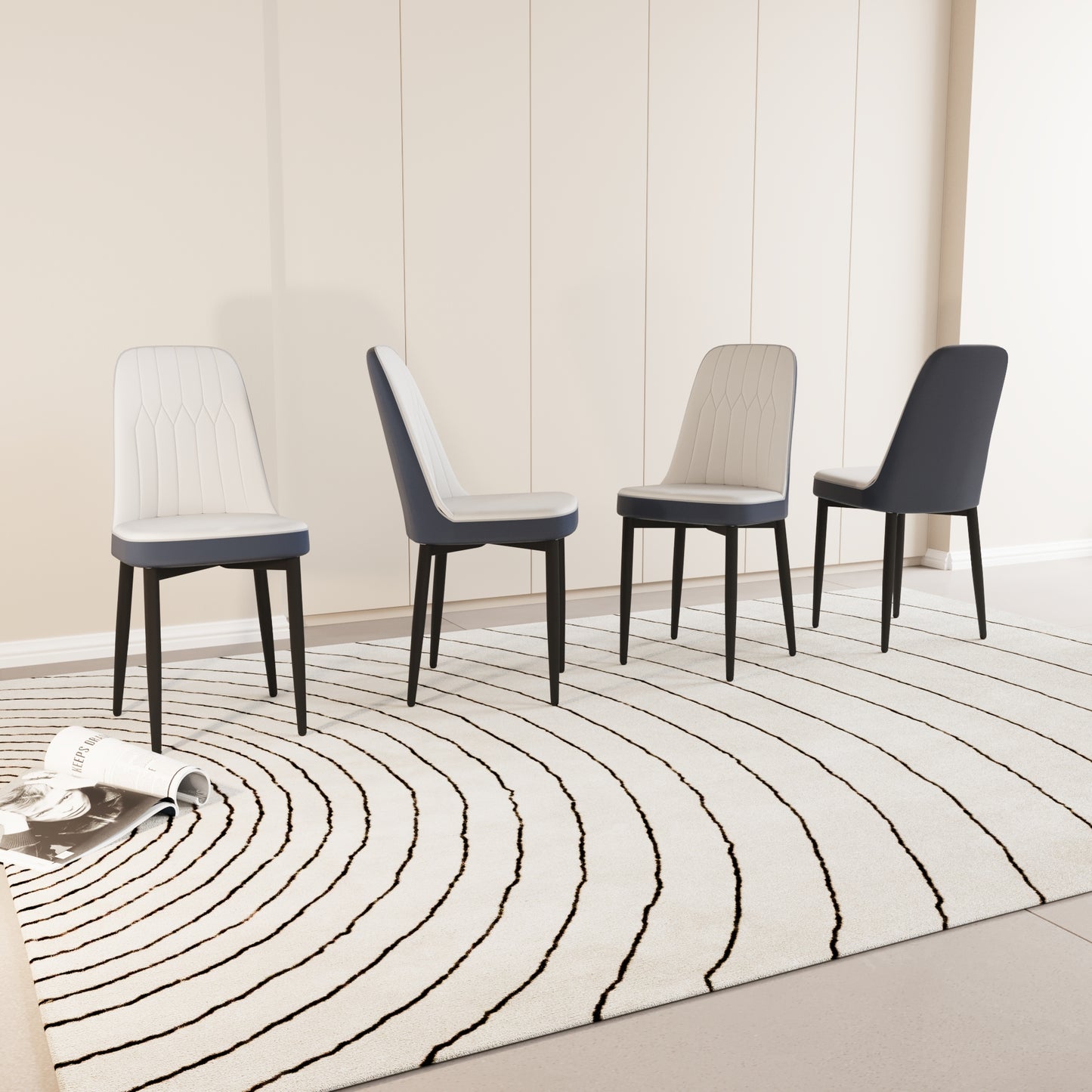 Modern dining chair with white tufted seat and dark grey upholstered backrest on black legs