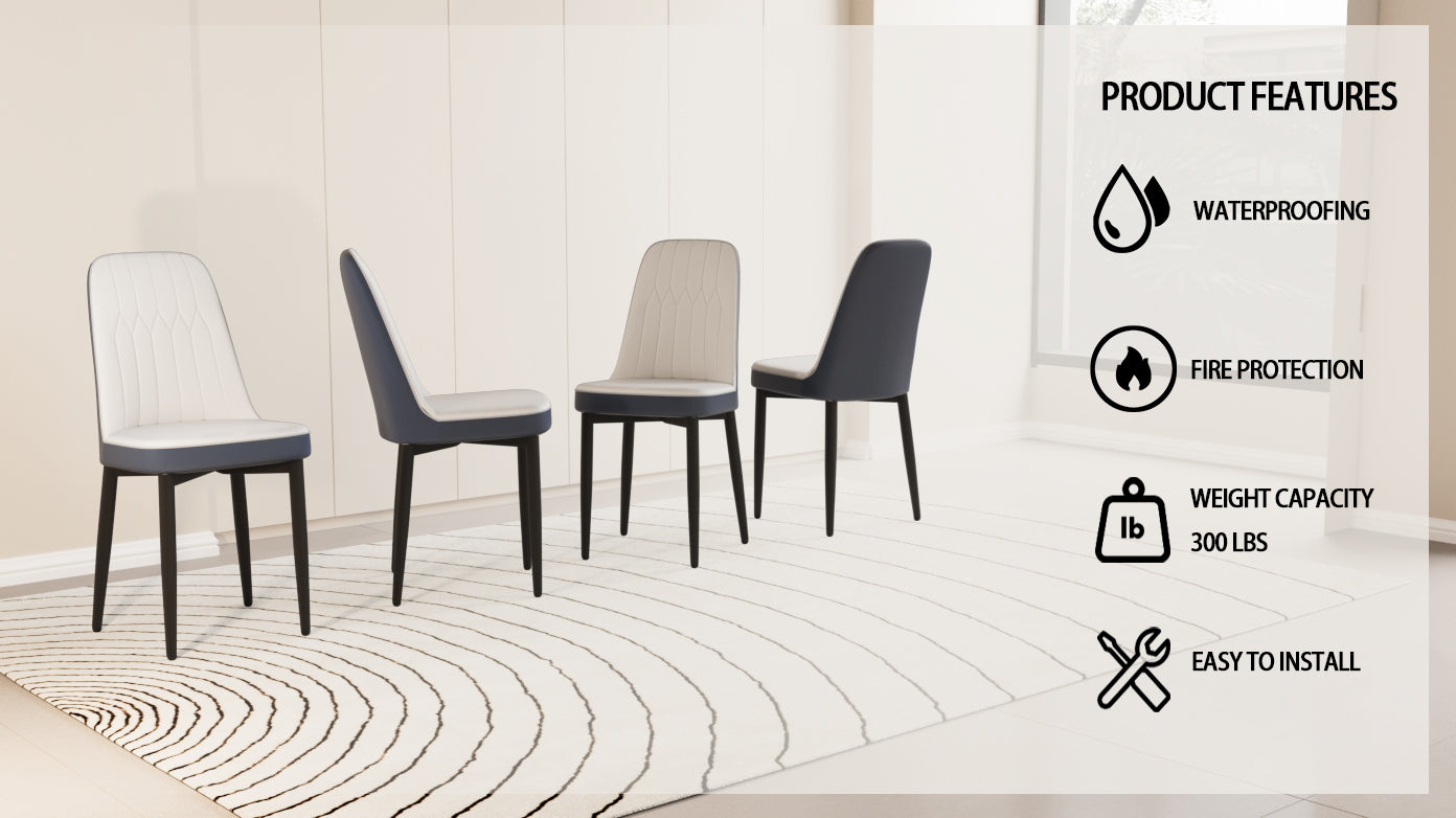 Four modern dining chairs white and navy blue upholstered seats dark wood legs