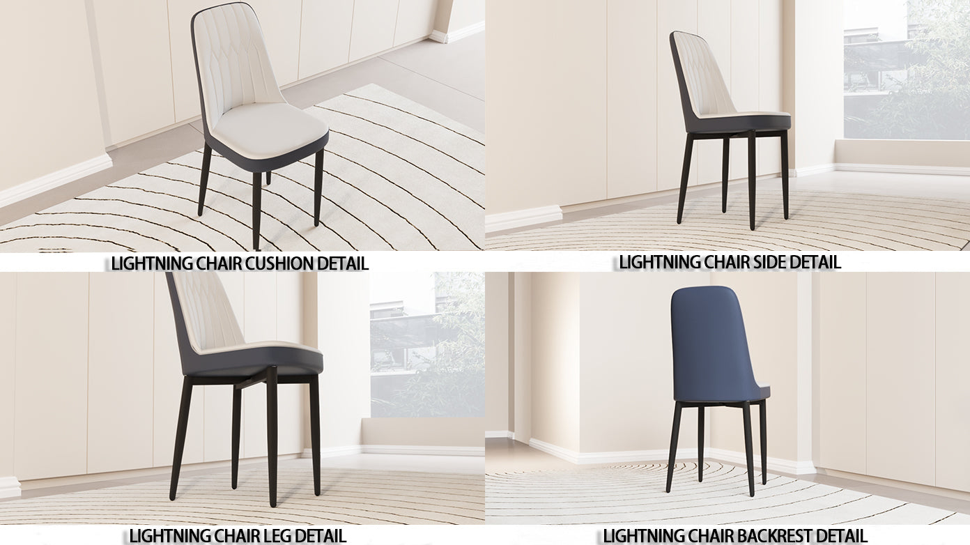 White upholstered lightning chair with a dark grey trim and black legs