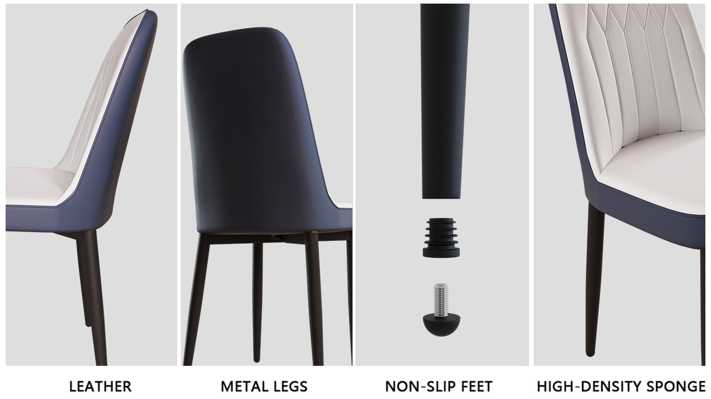 Navy blue and white leather dining chair with padded seat and back